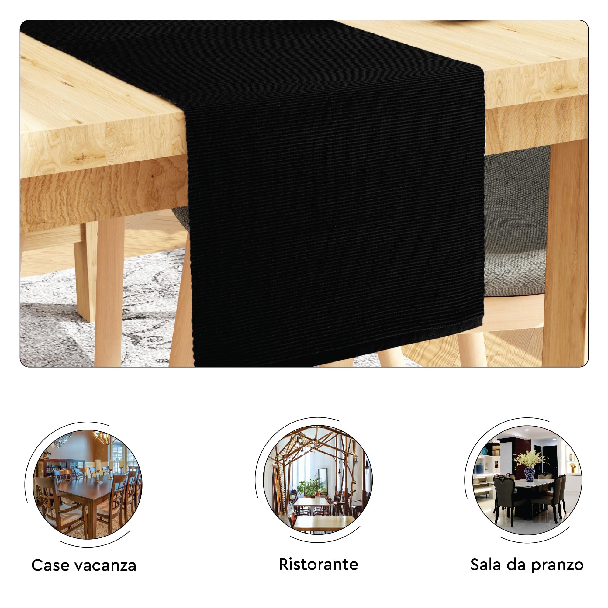 Encasa XO Runner da Tavola | Cotone a Coste Sottili Tinto in Filato | Dimensioni 32x250 cm | Nero solido | Lavabile in Lavatrice