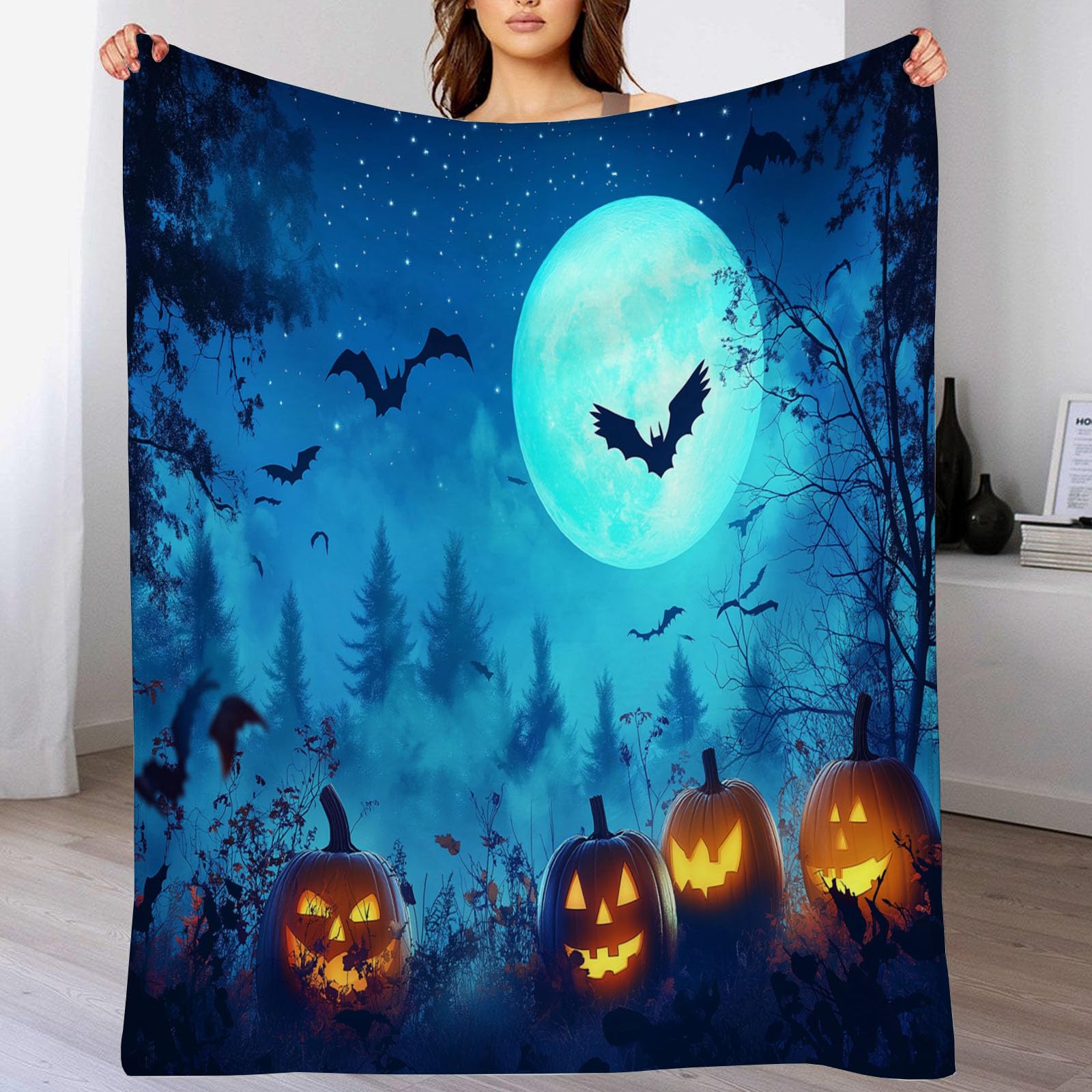 Plaid Halloween citrouille 150x200cm en flanelle bleue pour canapé