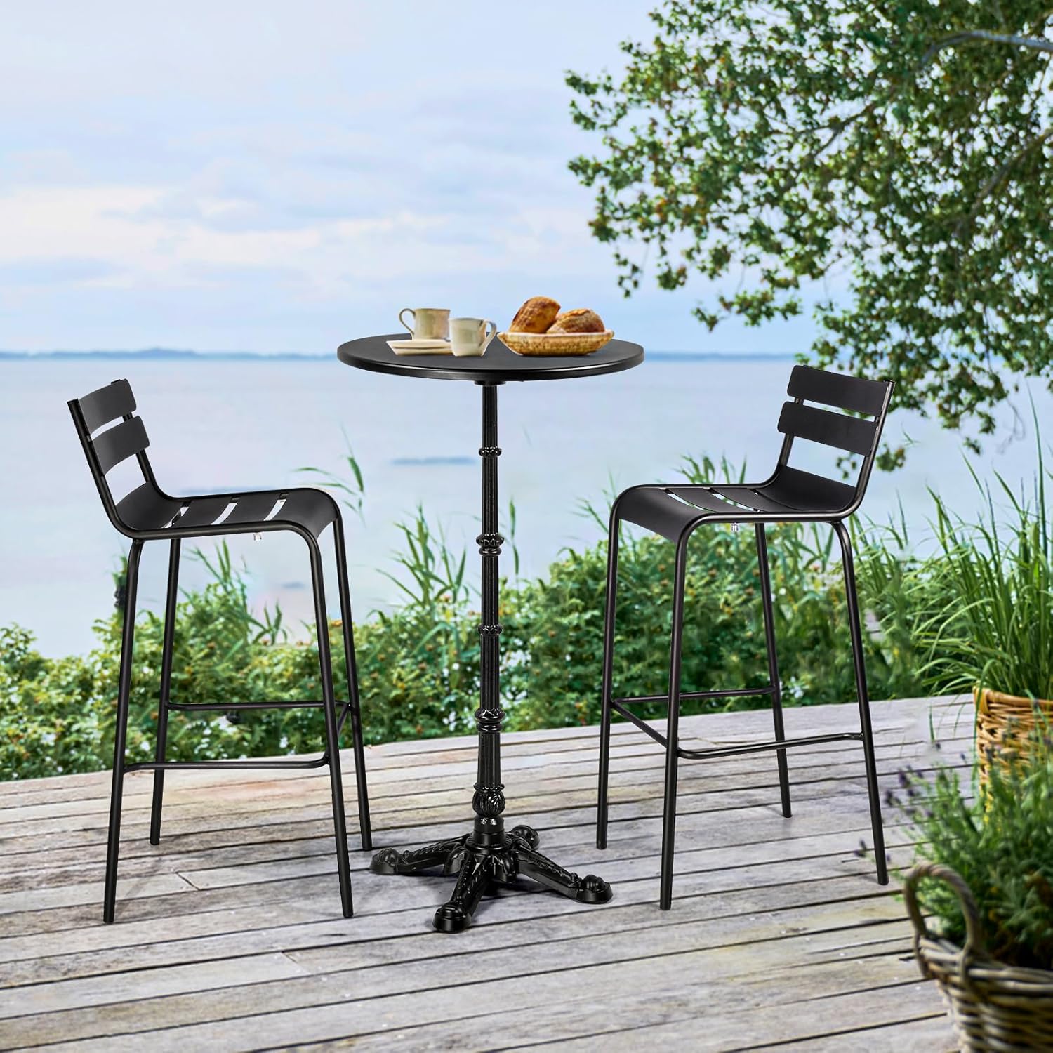 Dia 23.62" Round Cocktail Bistro High Metal bar Table with Black Top and Base 43.3"