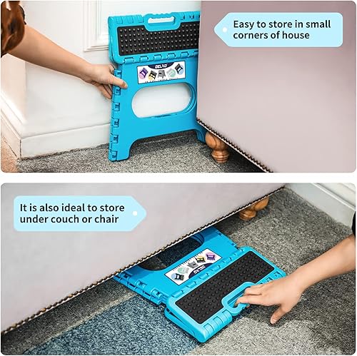 Miniatura 31 de Delxo Taburete plegable de 9 pulgadas, taburetes negros plegables para niños, taburete plegable portátil con asa, taburete plegable para cocina