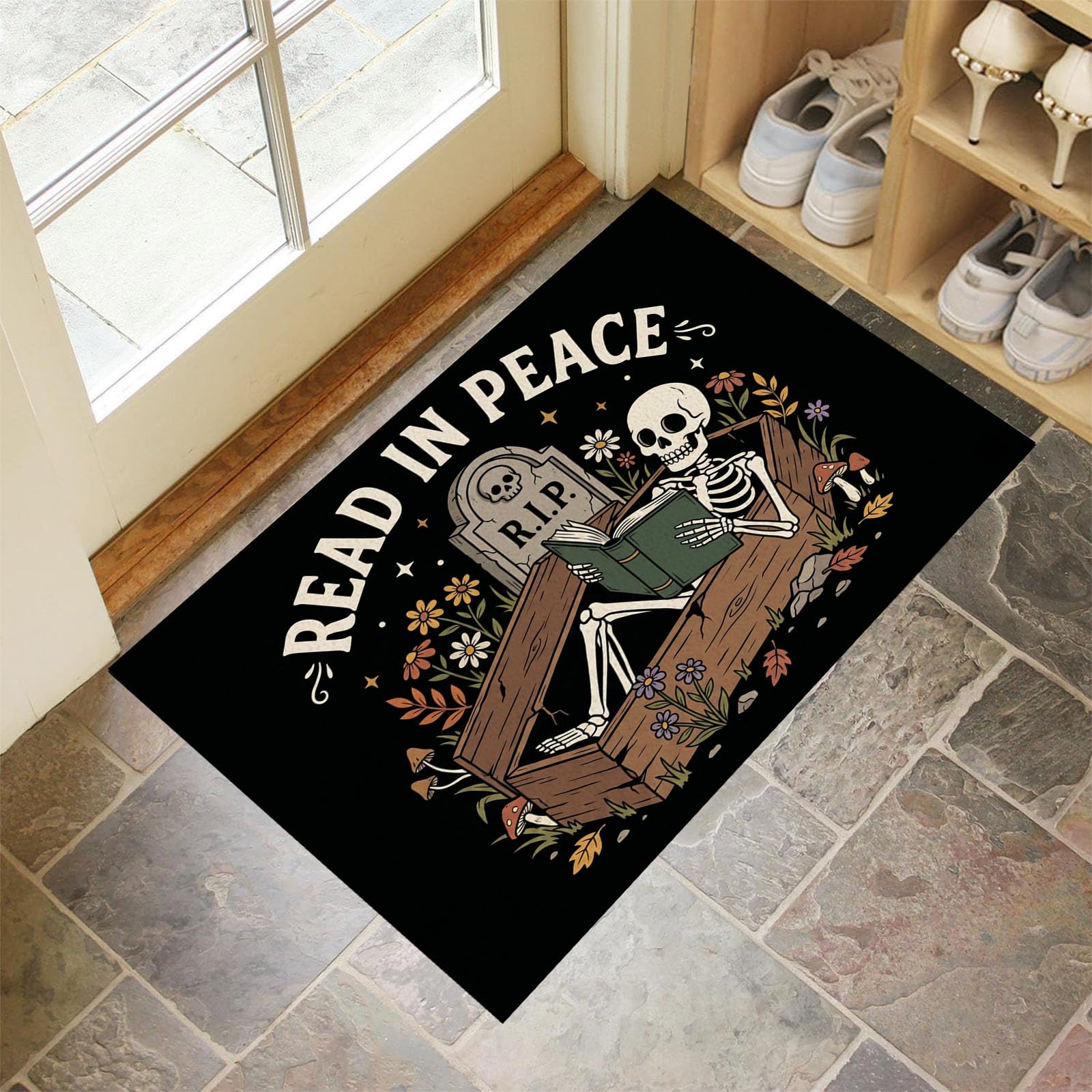 Ultradünne Lustiger Leseschädel Fußmatte Für Innenbereich, 80X120Cm Waschbar Teppich Für Eingangsbereich, Cartoon-Friedhofsplakat Schmutzfänger Fussmatten, Schwarz rutschfeste Eingangsmatte