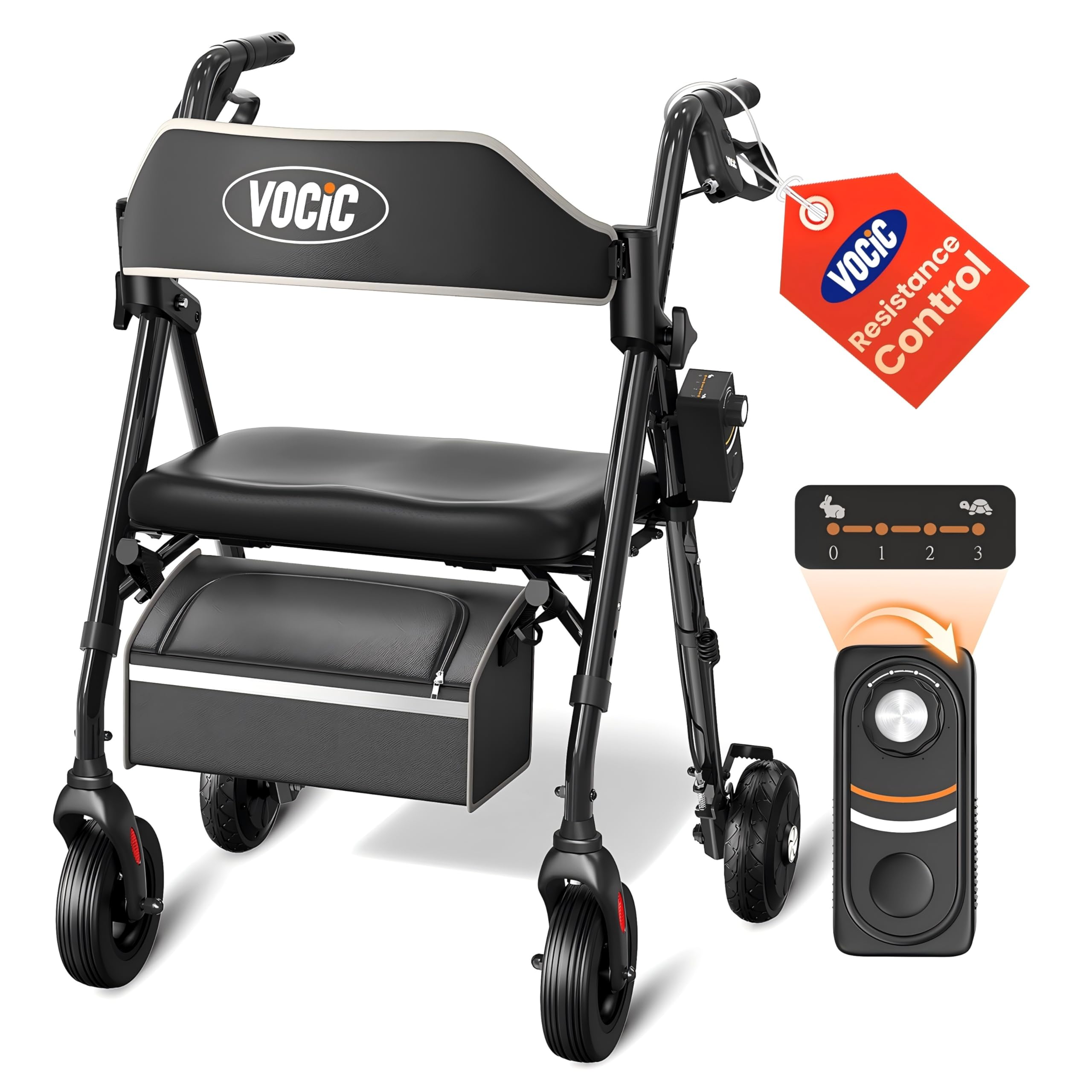 VOCIC andador plegable ligero con asiento, 4 niveles resistencia ajustable | Z63 andadores estrecho para ancianos con ruedas, interior & exterior, ideal para soporte de equilibrio, estabilidad, negro