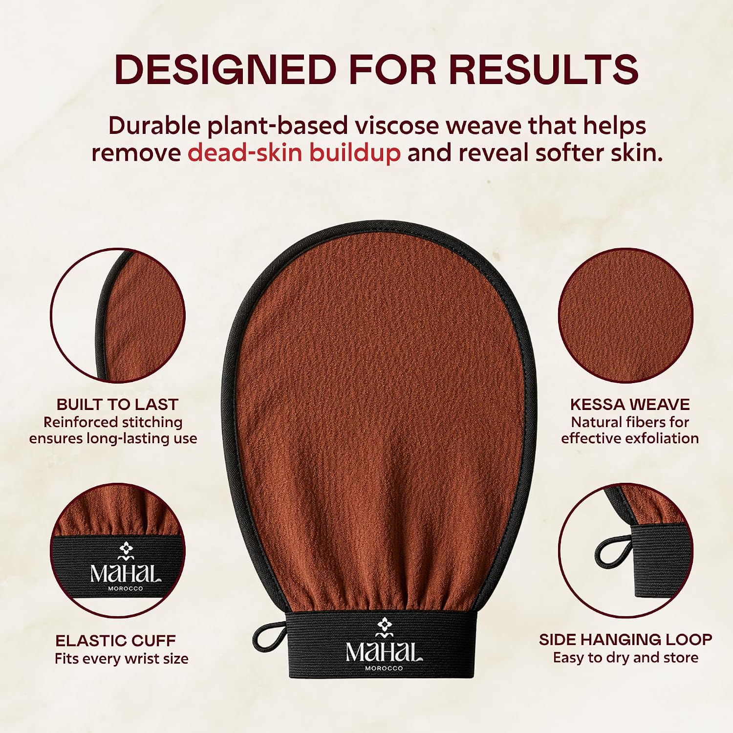 Exfoliating Kessa Glove Spa Kit – Moroccan Hammam Body Scrubber for Dead Skin Removal, Black Soap for Deep Cleansing and Travel Pouch 3-Piece Set