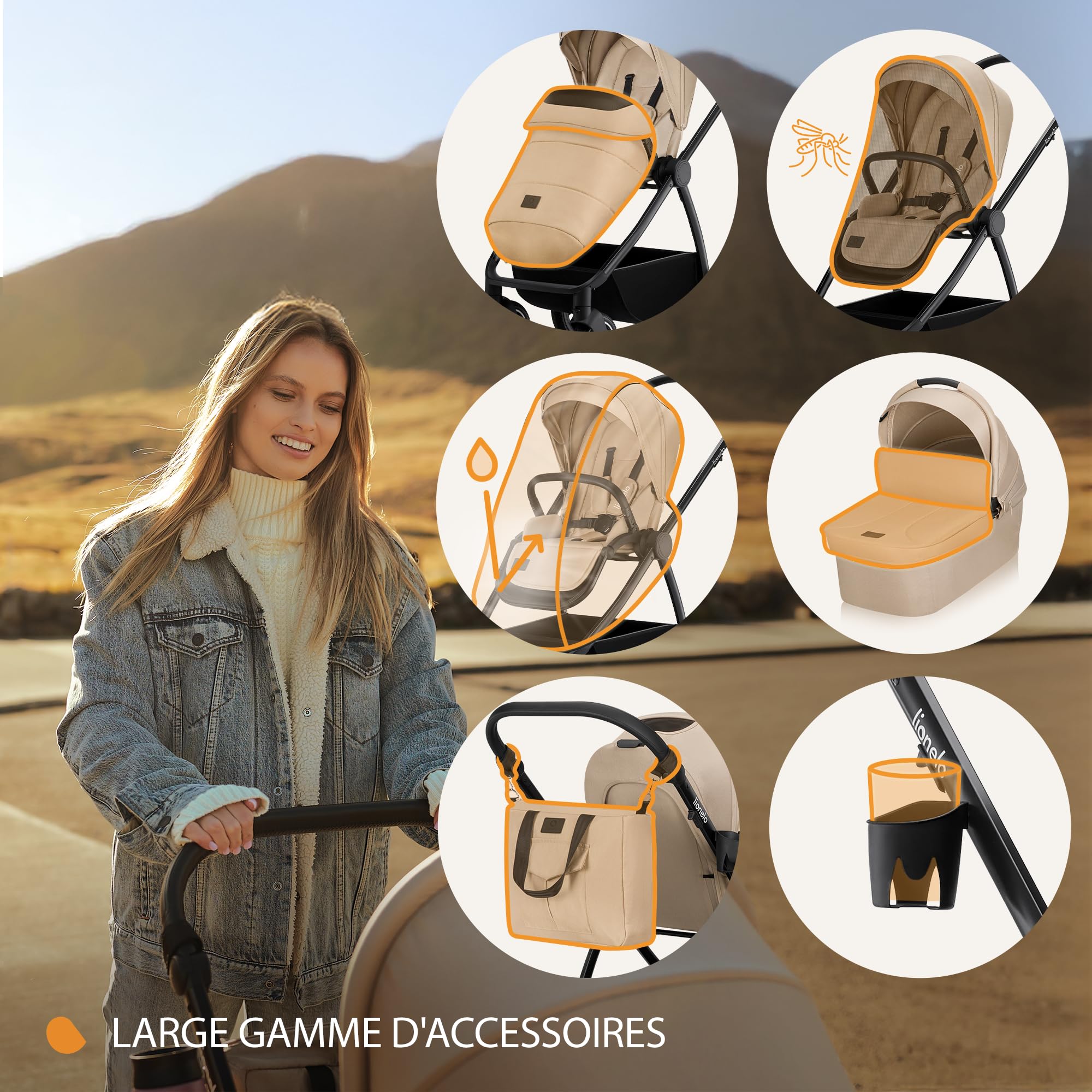 LIONELO MERIL 2 en 1 Poussette Bébé 0 à 48 Mois Jusqu'à 22 kg, Nacelle XXL Jusqu'à 9 kg, Grandes Roues Tout-terrain 360 °, Siège Inclinable Position Allongée Amortissement Complet Auvent XXL (Beige)
