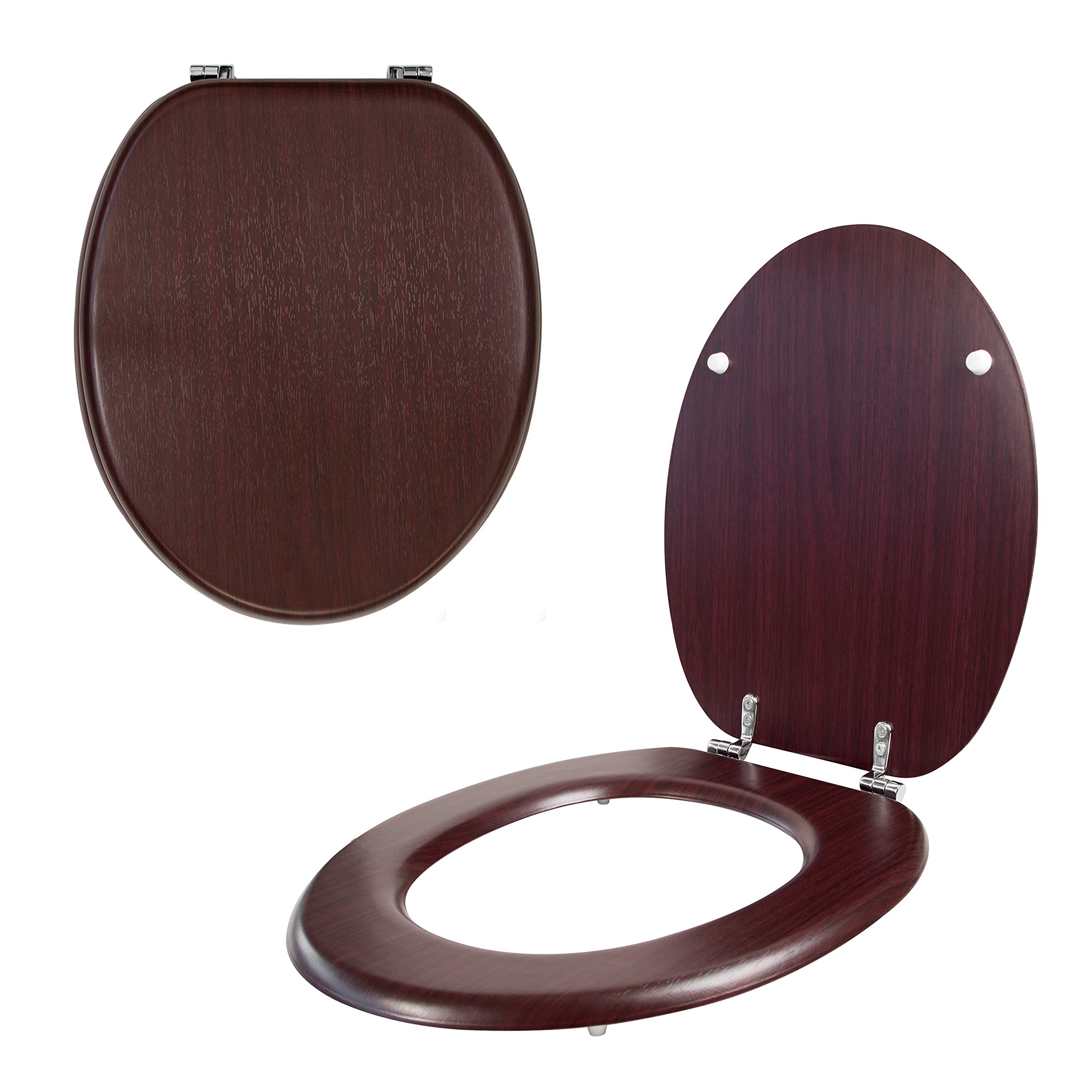 Anika Mahogany Effect 92449 Toilet Seat/Chrome Hinges/Easy Installation / 43Cm X 37.5Cm