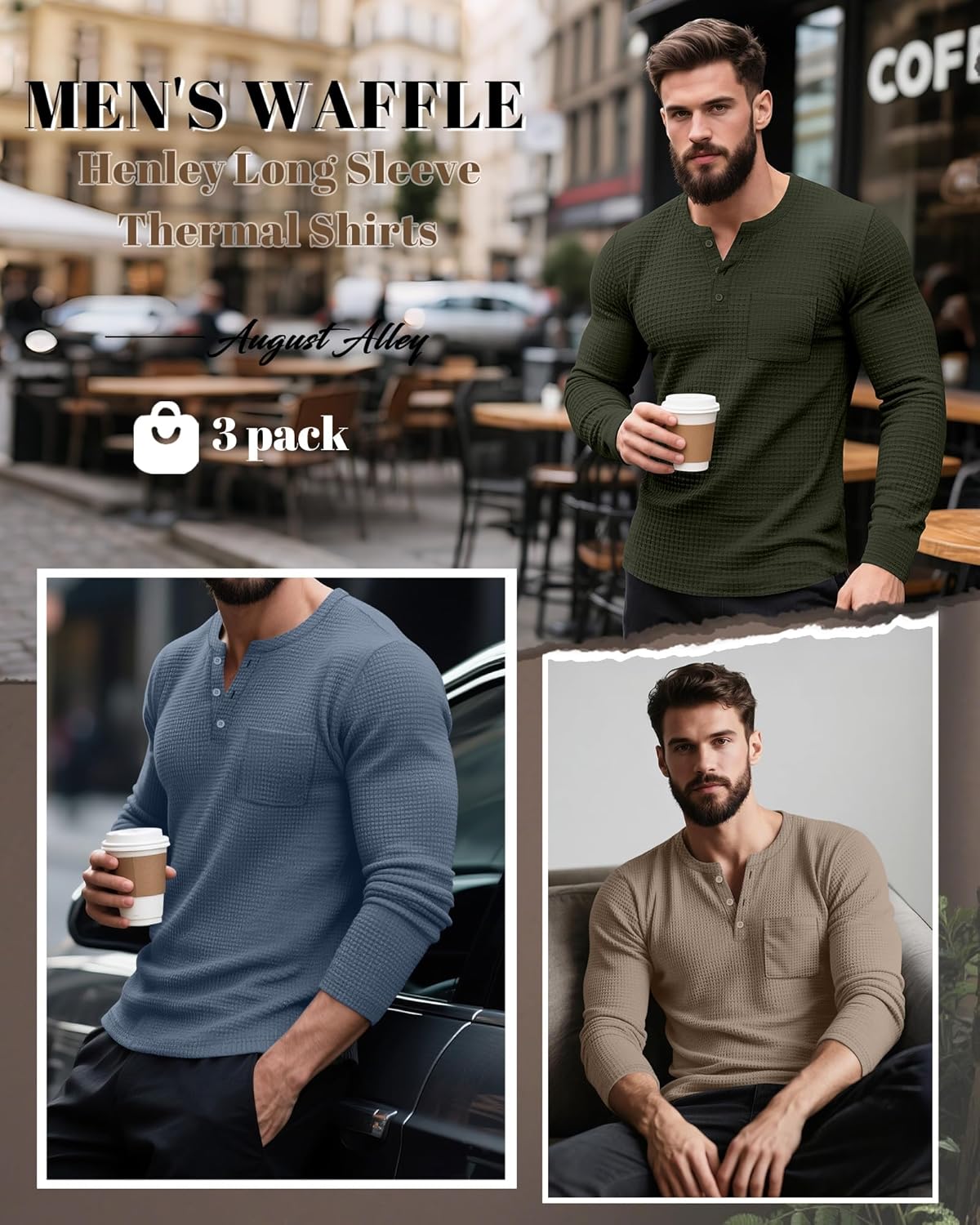 3 Pack Men's Waffle Henley Long Sleeve Thermal Shirts, Lightweight Casual Undershirts Pullover Tops with Pockets - Image 2