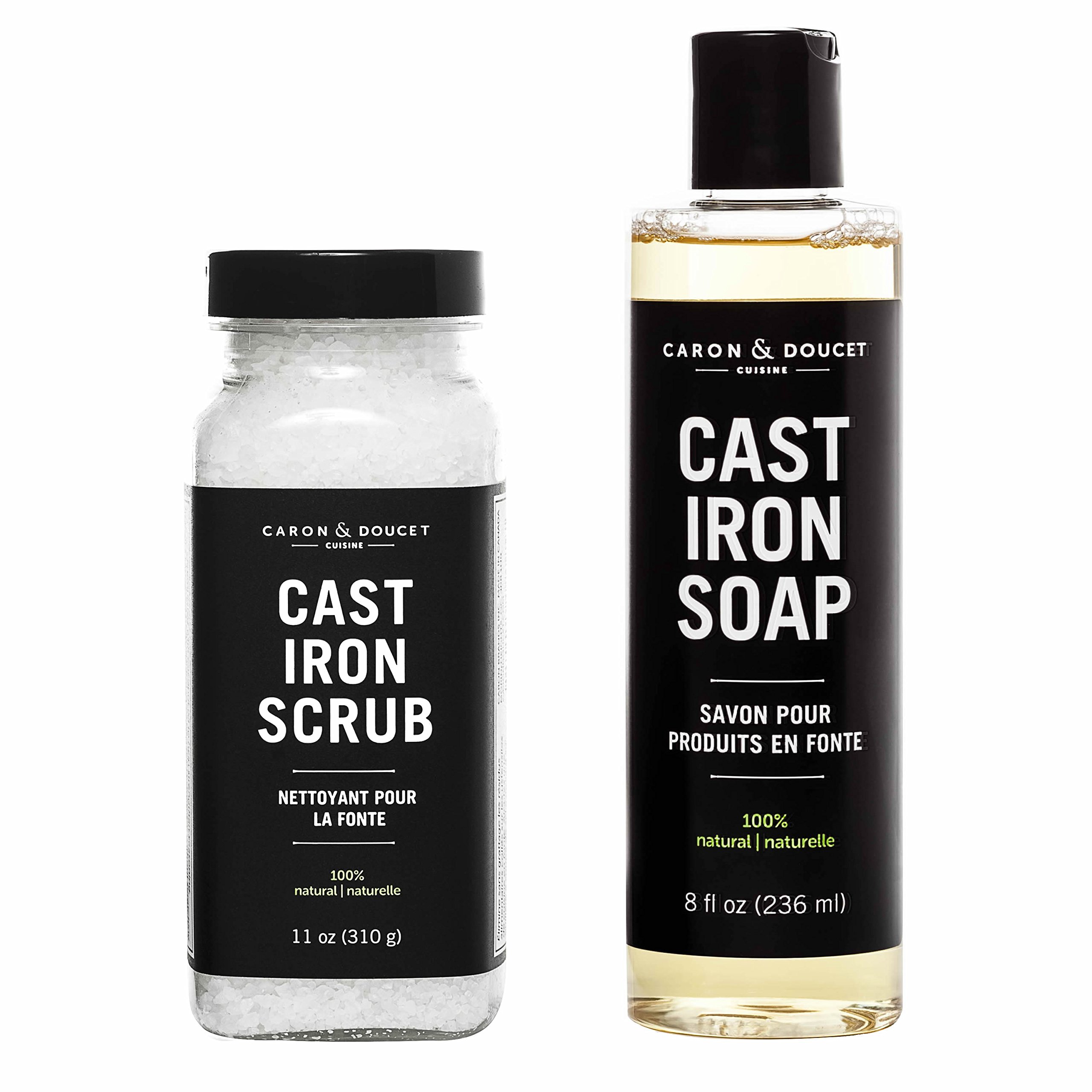 Caron Doucet Cuisine - Cast Iron Cleaning Bundle - Cast Iron Soap & Cast Iron Scrub - 100% Plant Based Formulation - Removes Rust, Food Debris and Baked on Food While Seasoning The Cast Iron.