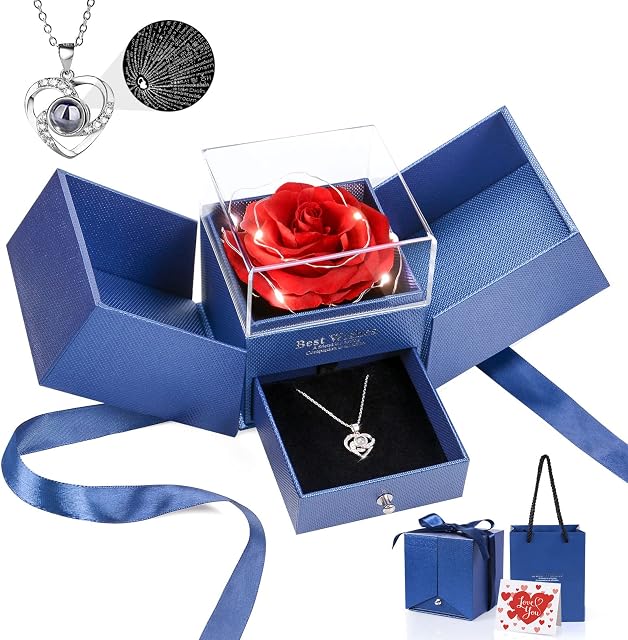 Preserved Led Rose Gifts for Her Girlfriend Women with I Love You Necklace 100 Languages, Gifts for Mom Wife for Birthday Anniversary Christmas Valentines Day (Blue with LED Light)
