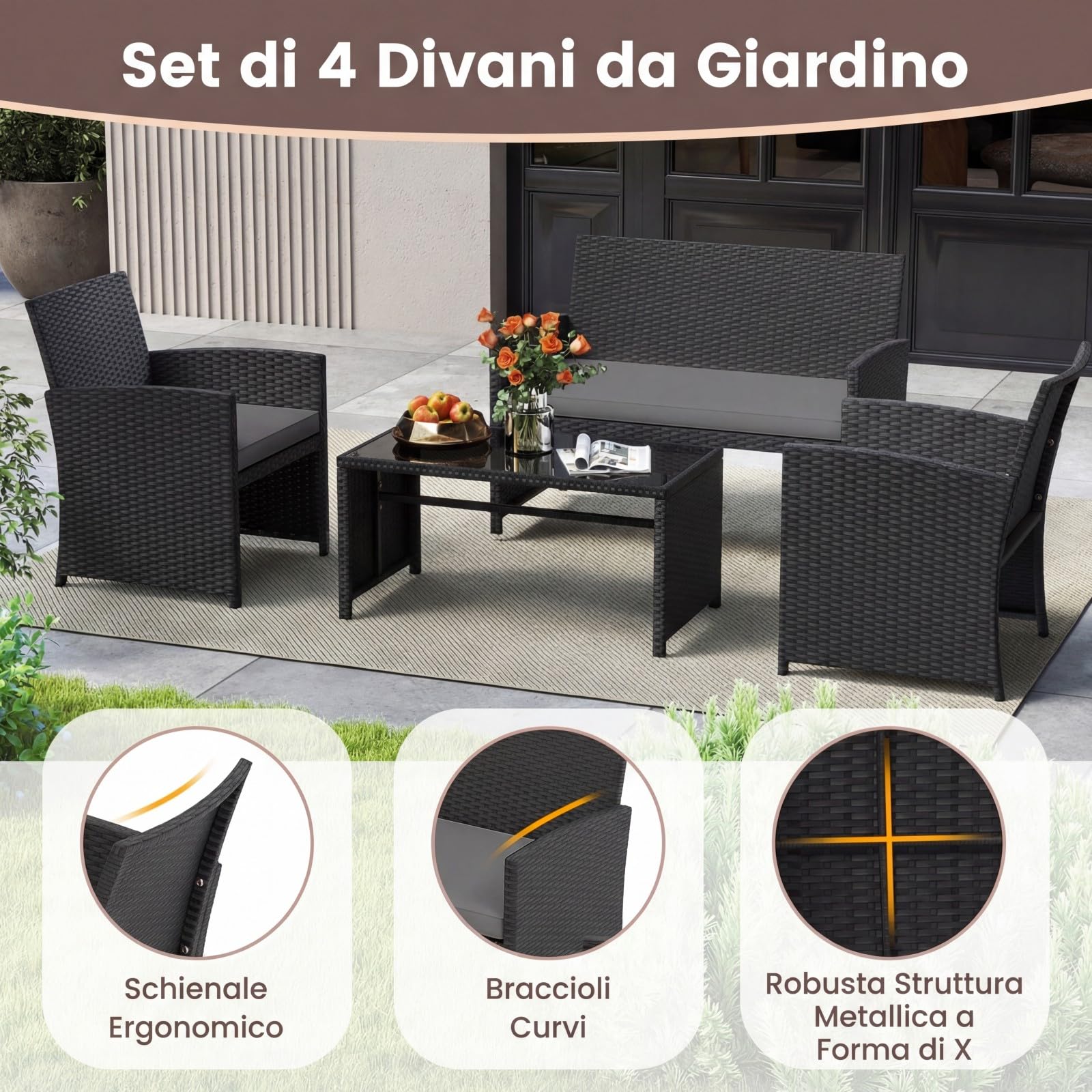 COSTWAY Set Salotto da Giardino 4 Pezzi, Divanetto e Poltrone in Rattan con Tavolino da Caffè in Vetro Temperato, Grigio