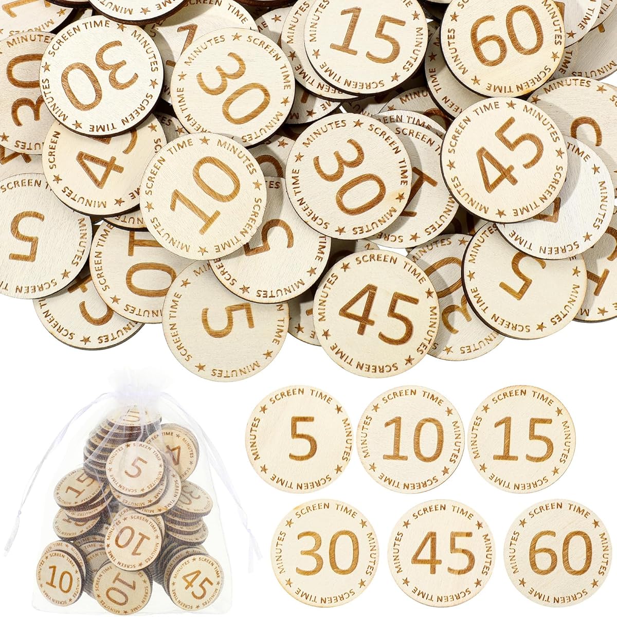 Weysat 100 Pcs Wooden Reward Tokens Bulk Screen Time Tokens with Organza Bags Behavior Incentives Coins for Classroom Home