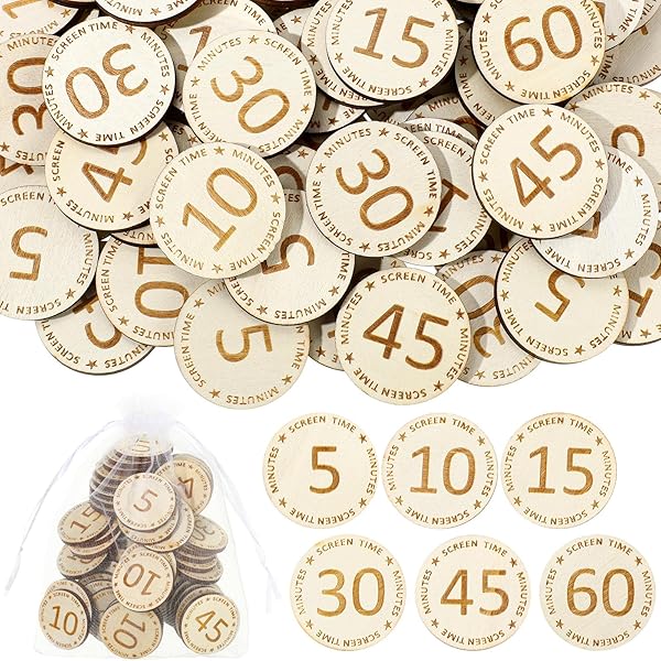 Weysat 100 Pcs Wooden Reward Tokens Bulk Screen Time Tokens with Organza Bags Behavior Inc...