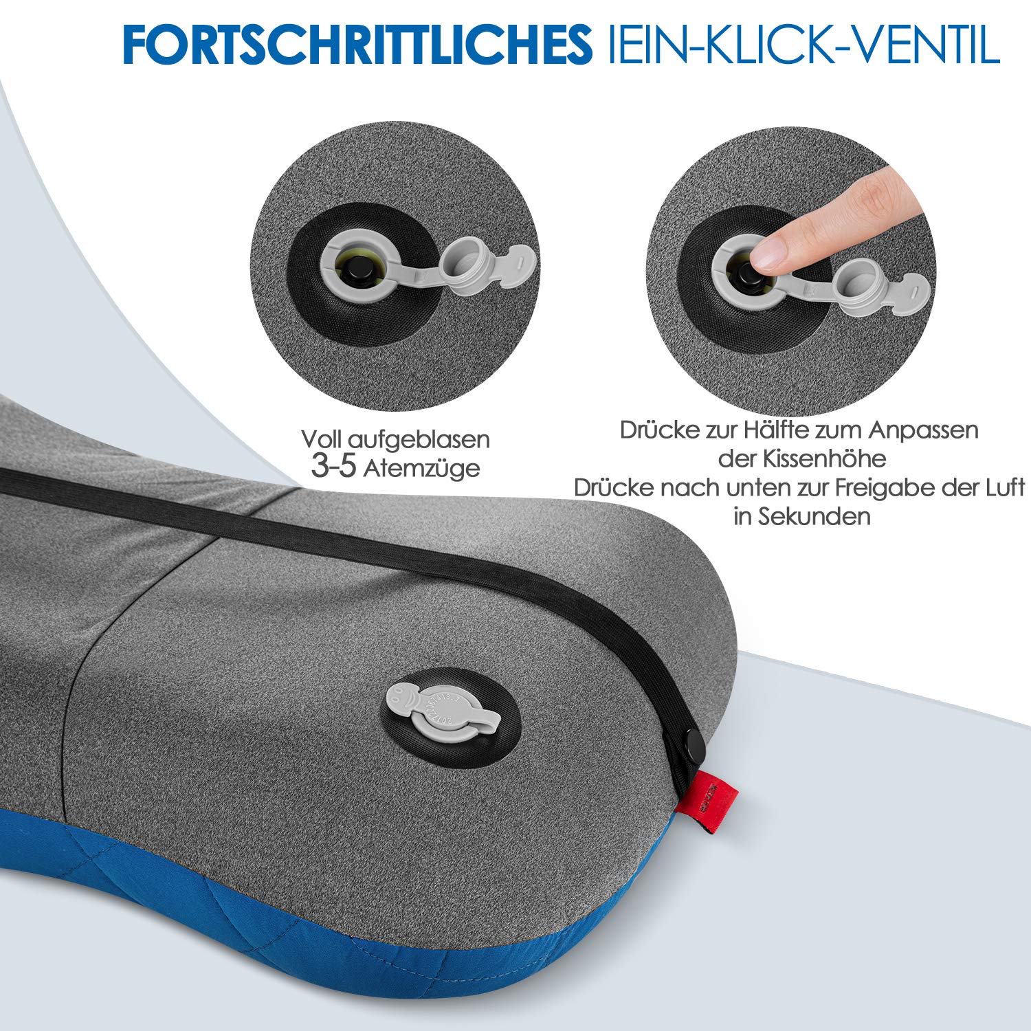 HIKENTURE nadmuchiwana poduszka kempingowa/podróżna ze zdejmowaną poszewką na poduszkę, ergonomiczna poduszka pod głowę, wygodna poduszka na kark do podróży / na zewnątrz (niebieska), rozmiar uniwersalny