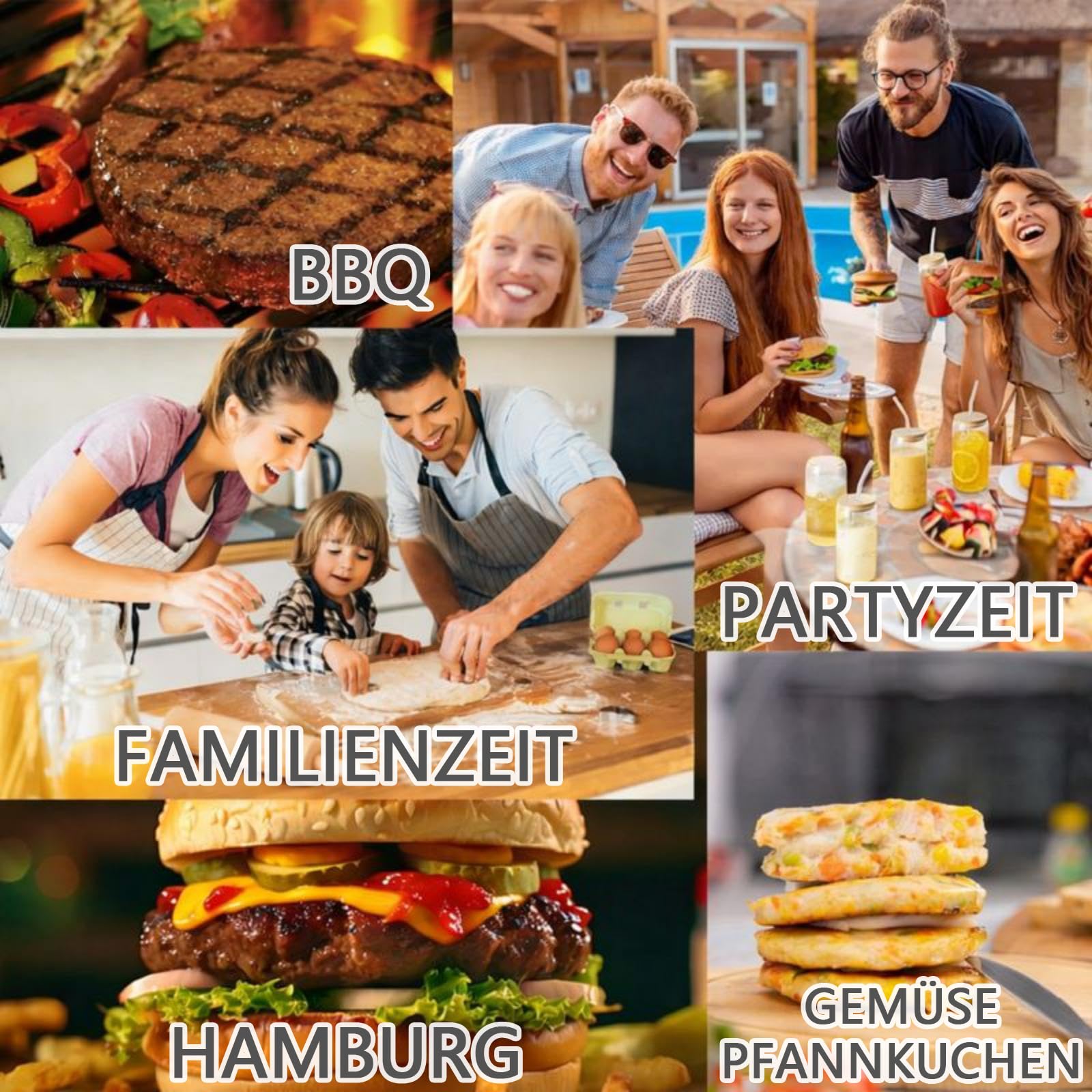 3er Set Burgerpressen, Edelstahl, 8/11,5/14 cm, für Hamburger-Patties | Federgriff für gleichmäßige Patties und einfaches Lösen – geeignet für Rindfleisch, Gemüse, Fisch, BBQ, Küche und Grillpartys