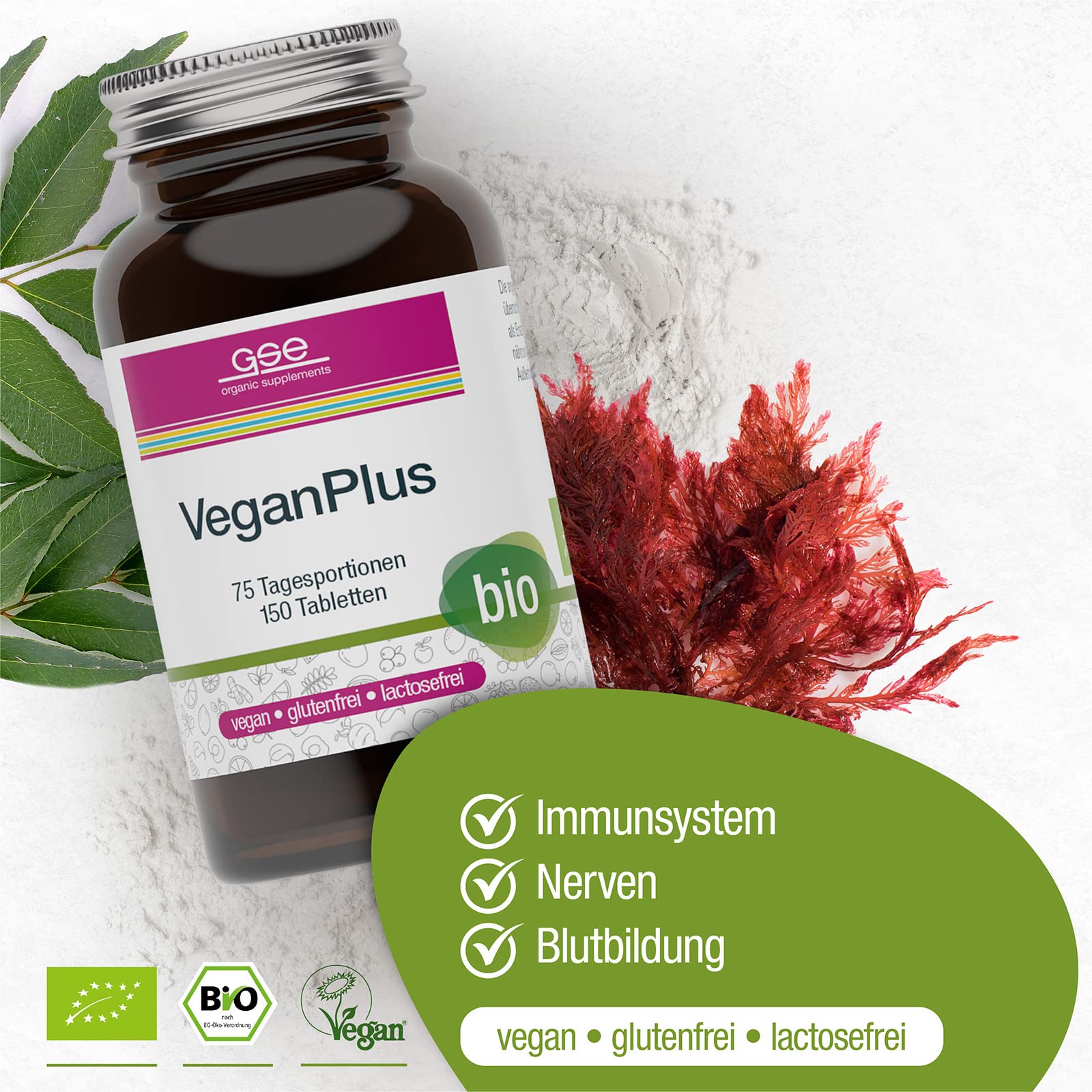 GSE VeganPlus Bio - Nahrungsergänzungsmittel für Veganerinnen & Veganer - Vitamine B12 & D3, Eisen, Jod, Calcium - Komplex rein pflanzlich, Bio - Vegan Supplements, 150 Vegan Tabletten