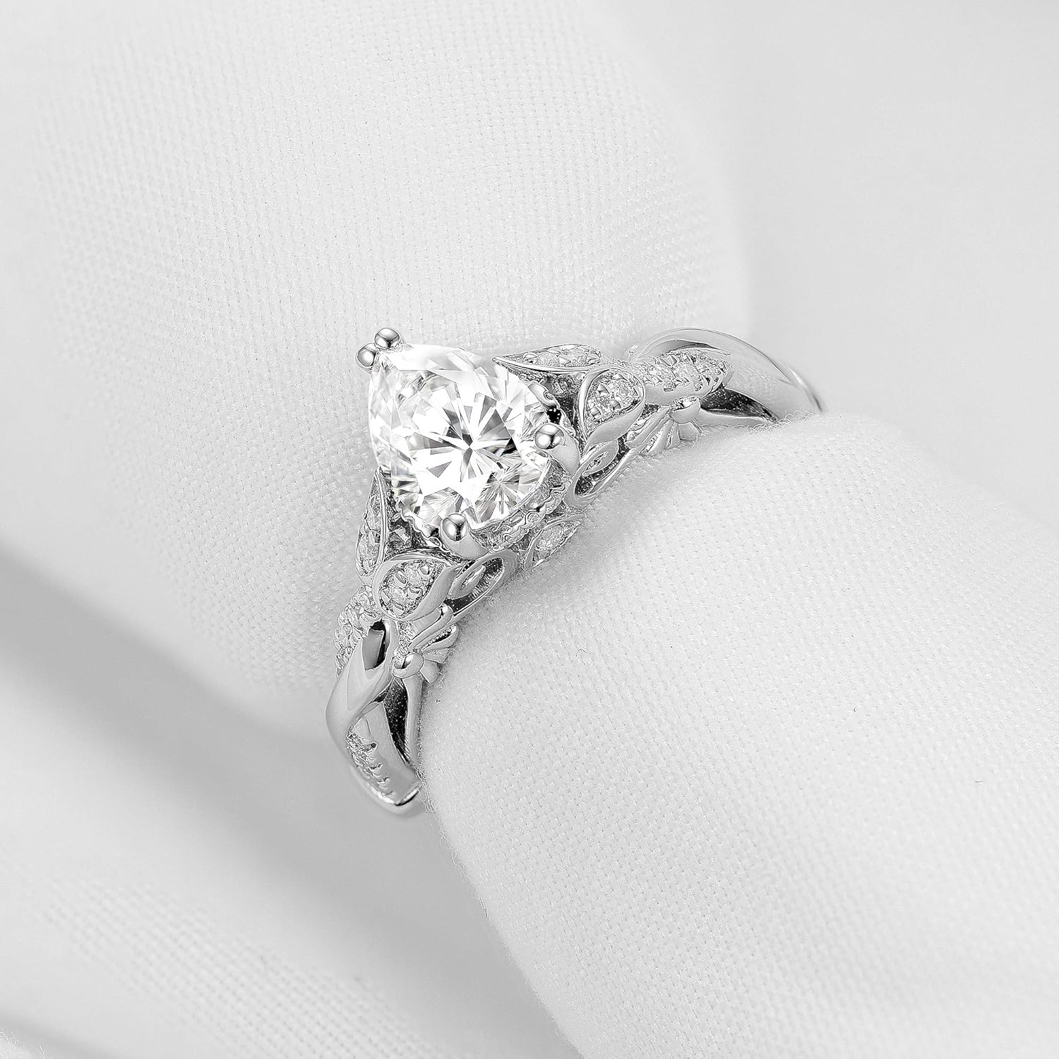 DovEggs Moissanite Engagement Rings for Women 1.5ct Center 6X8mm G-H-I Color Pear Shaped Cut Antique Moissanite Wedding Rings 14K Gold Quality Sterling Silver Bridal Sets Band Width 2.4mm
