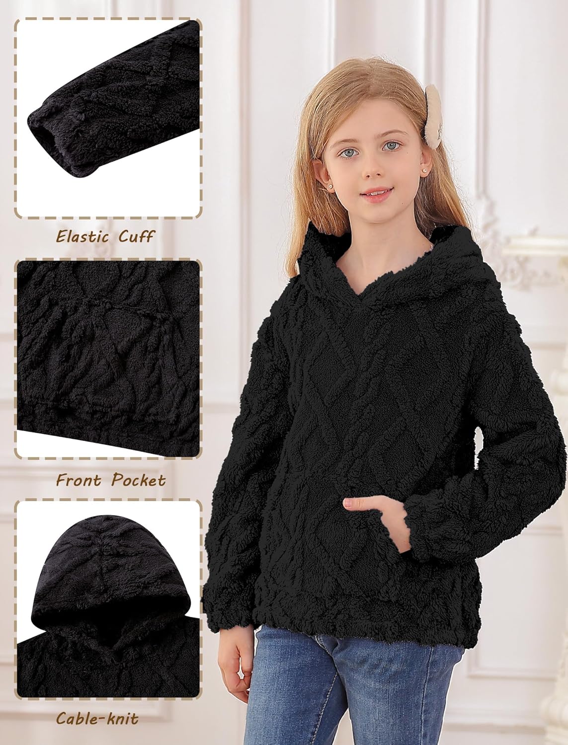 TUONROAD Girls Fuzzy Fleece Hoodies Cable Knit Warm Sherpa Pullover Sweatshirt with Pockets 6-13 Years - Image 2