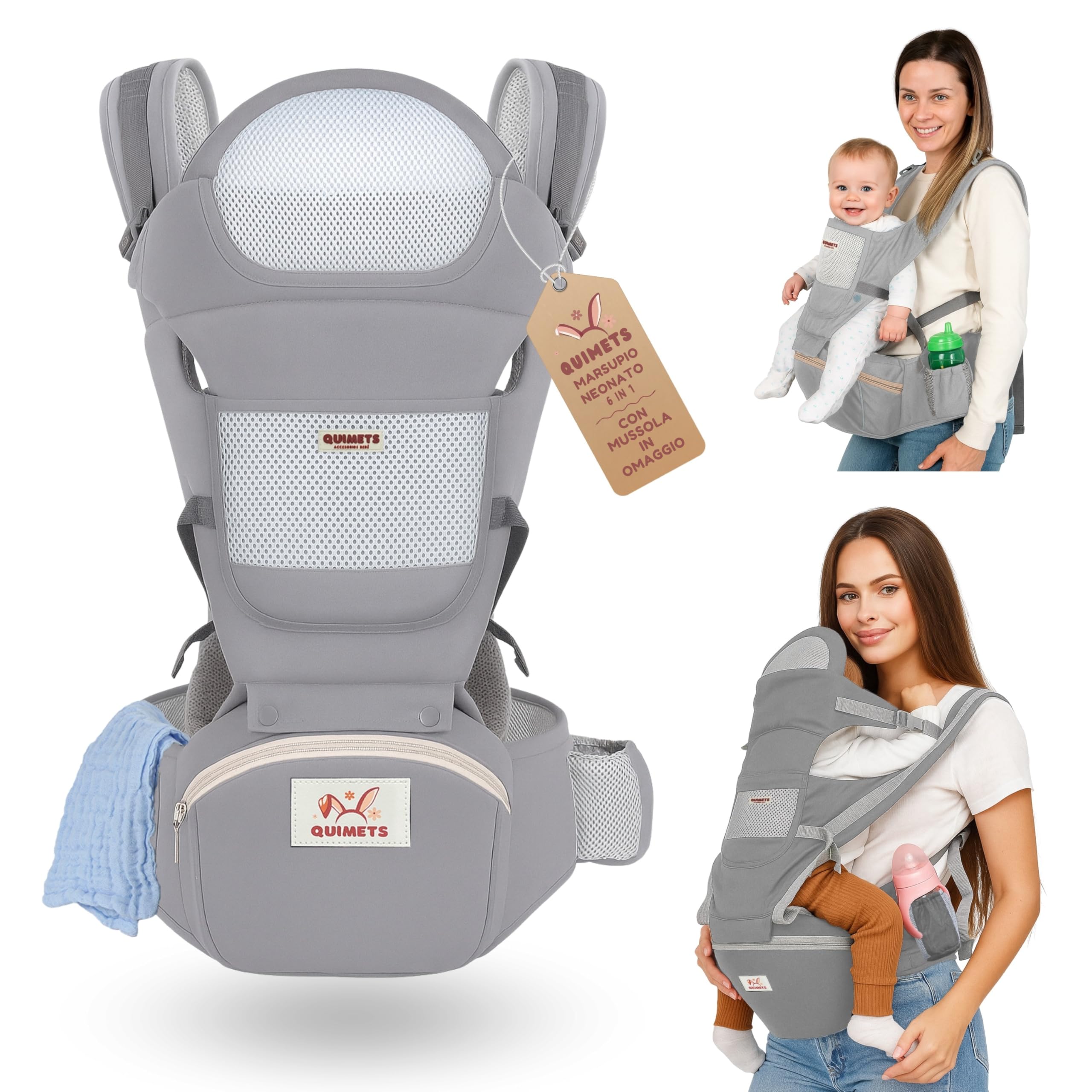 Marsupio neonato 0-36 mesi ergonomico 6 in 1 – Zaino porta bambino regolabile con seduta removibile, supporto lombare, tessuto traspirante e mussola in omaggio