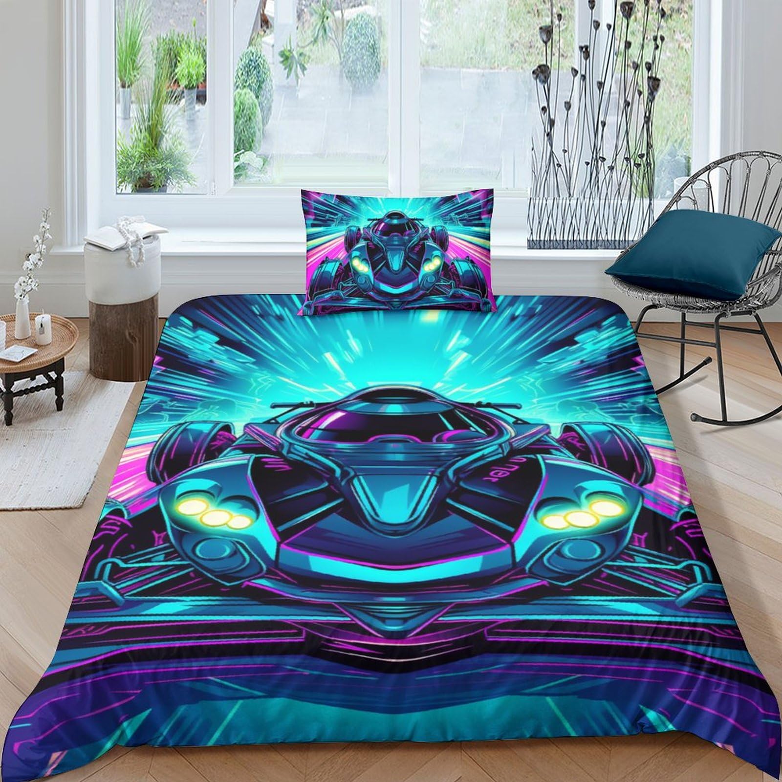 Housse de couette hypoallergénique avec fermeture éclair et motif imprimé 3D de voiture