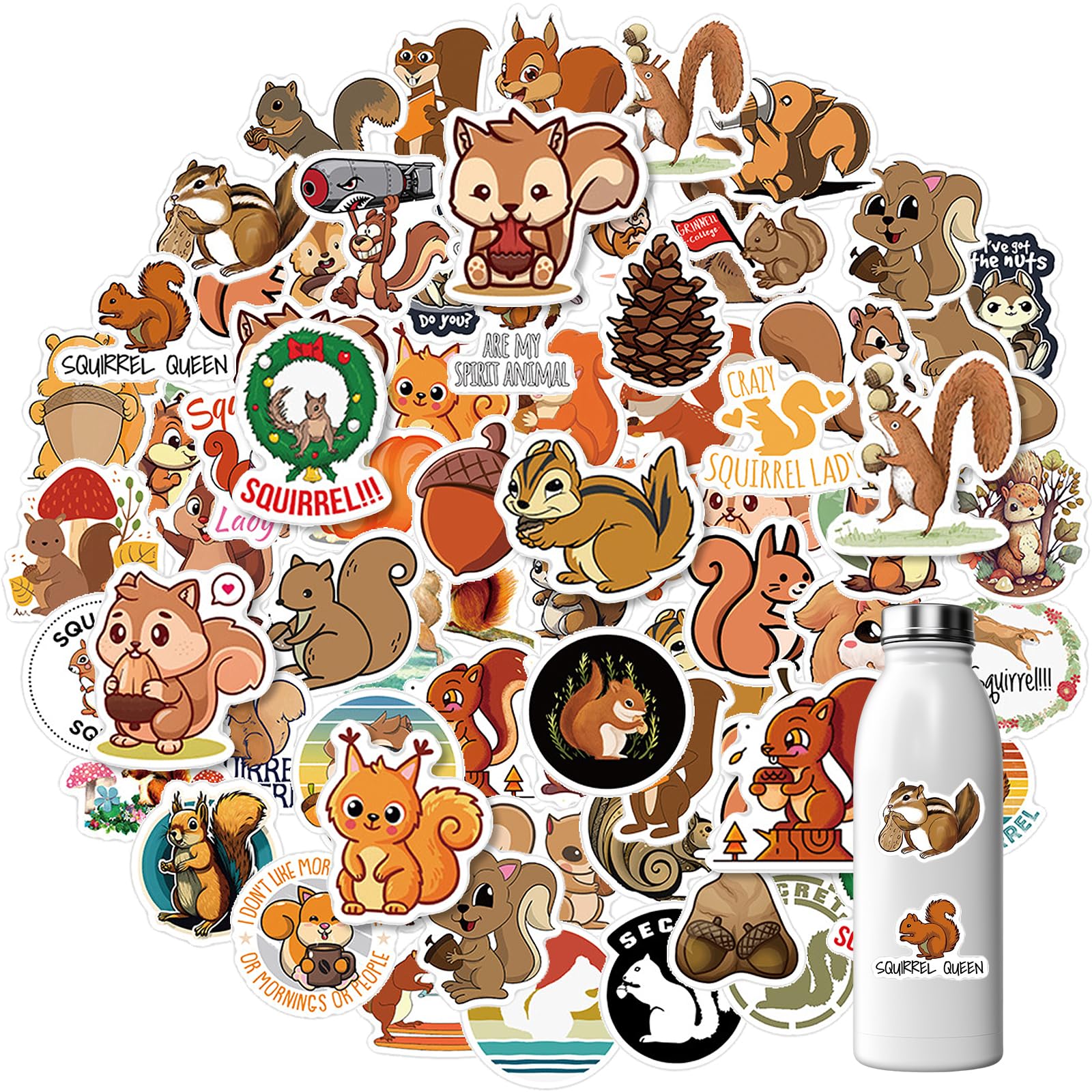 Jeffdad 60 Pcs Squirrel Stickers, Vinyl Waterproof Stickers Cute Aesthetic Cartoon Animal Stickers Waterproof Decals for Laptop Water Bottle Skateboard Scrapbook Luggage