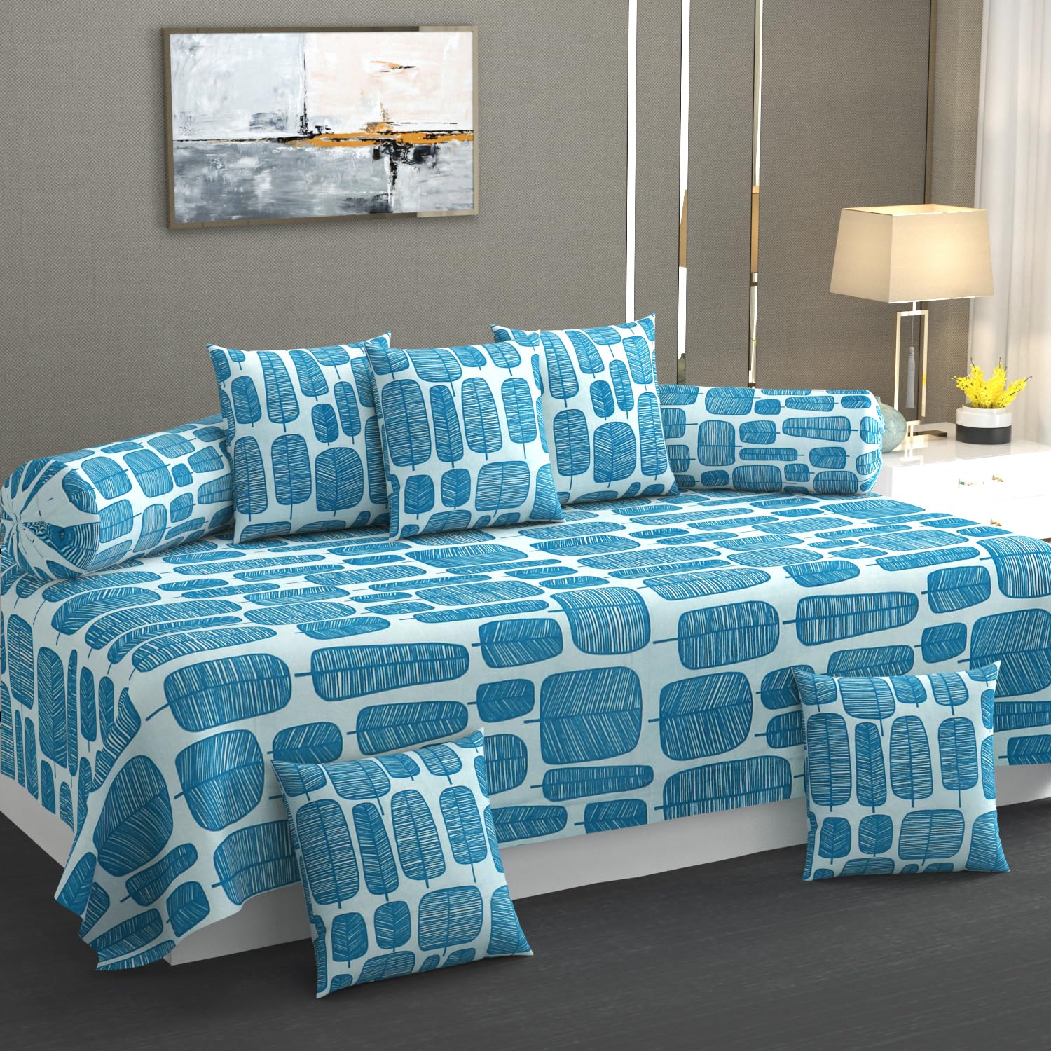 HIYANSHI HOME FURNISHING® Premium Cotton Diwan Set 8 Pieces,1 Single bedsheet Size 60x90inch, 5 Cushions 16 x 16 inch Covers with Zip and 2 Bolster Covers (Design-2, Single Diwan 60x90 inches)-image-49