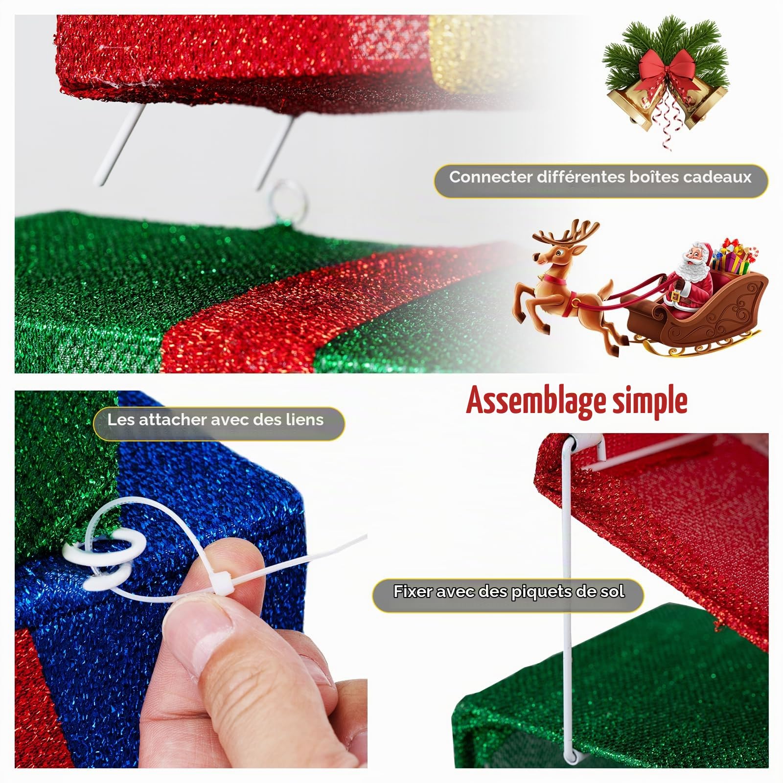 GOPLUS 120 cm Boîtes Cadeaux Noel Lumineuses, Décorations Noël Interieur Exterieur avec 48 Lumières LED, Nœuds, Boîtes Cadeaux Empilées pour Cour, Porche, Jardin, Cheminée