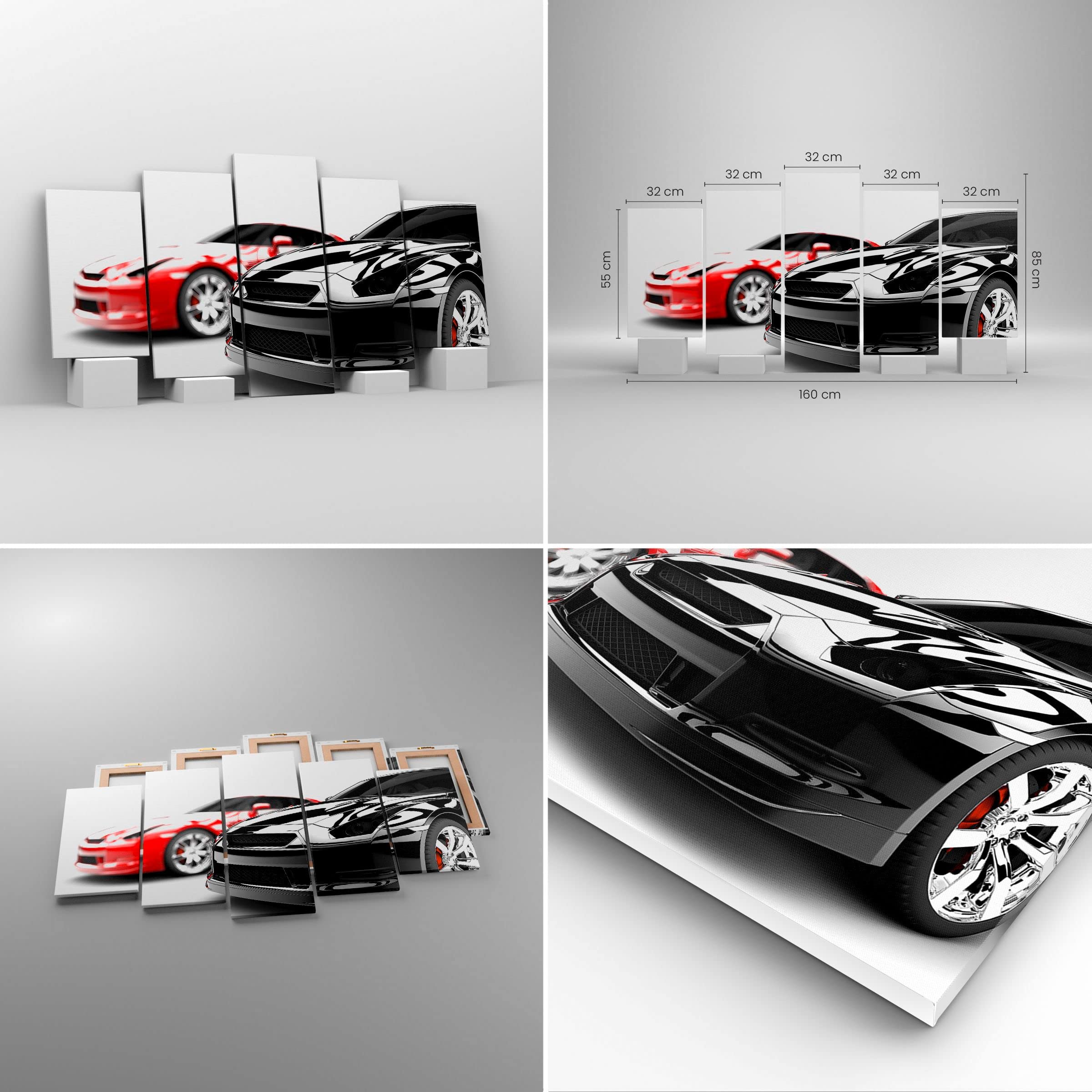 Cuadros Decoracion Salon Coches deporte elegancia Lienzos decorativos 160x85cm Cuadro Sobre Lienzo Moderno Dormitorio Cuadros Pared Imágenes Tríptico 5 Piezas Wall Art Prints Grande XXL EA160x85-2390