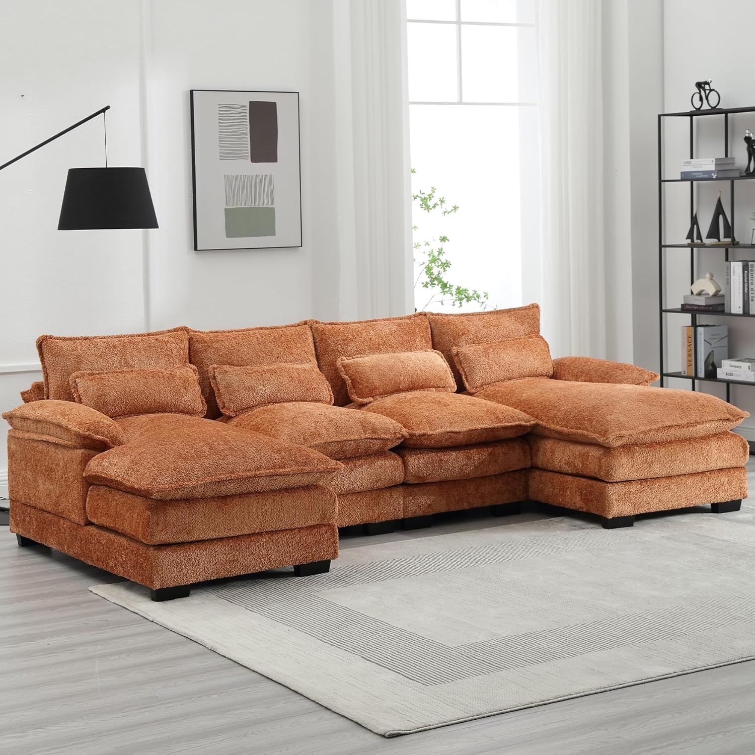 110'' U-Shaped Sectional Couch, Modern Chenille Extra Large Modular Sofa with 4 Cushions, Memory Foam Funiture Set with Double Lounger for Living Room, Office, Reception Room, Orange