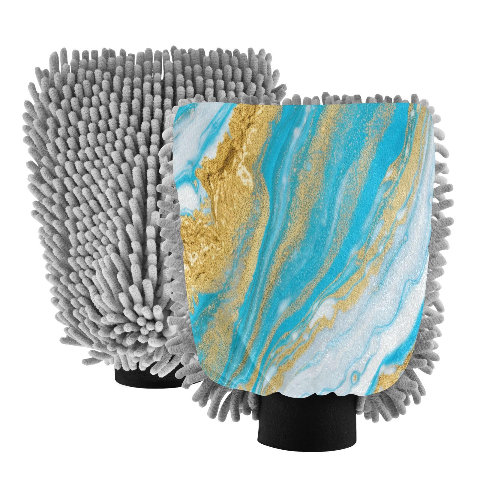 STAYTOP Beautiful Blue Gold Marble Car Wash Mitt Microfiber, 2Pcs Scratch Free Lint-Free, Premium Chenille Microfiber Mitt Car Wash Brush-M