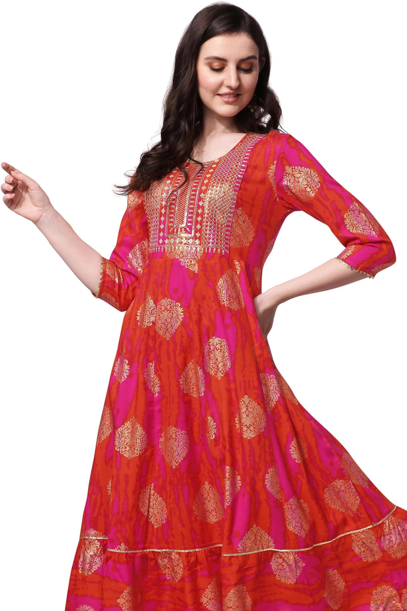 MIRCHI FASHION Women's Cotton Relaxed Fit A Line Sequins Embroidery Work Foil Printed A-Line Kurti Only