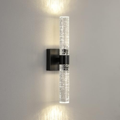 Miniatura 8 de CCYCOL Juego de dos apliques de pared LED para tocador de baño modernos apliques de cristal negro iluminación de pared de 18 pulgadas 4000 K