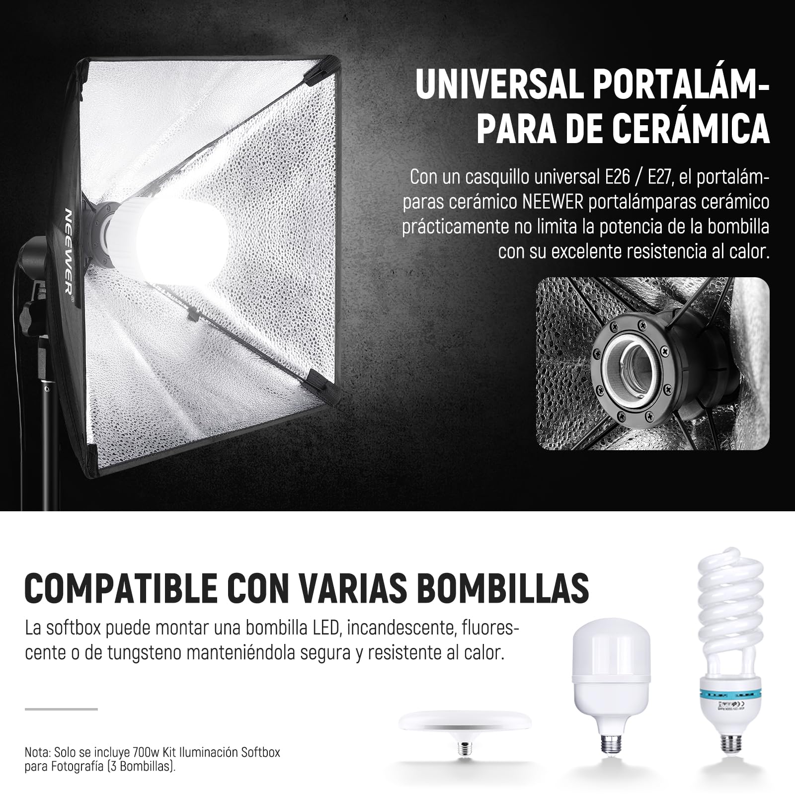 NEEWER Kit de Iluminación Continua de Caja de Luz Equivalente a 700W, 3 Bombillas de LED de 5700K, 60x60cm Softbox con Enchufe E27, Photography Softbox Lighting Kit para Equipo de Estudio Fotográfico