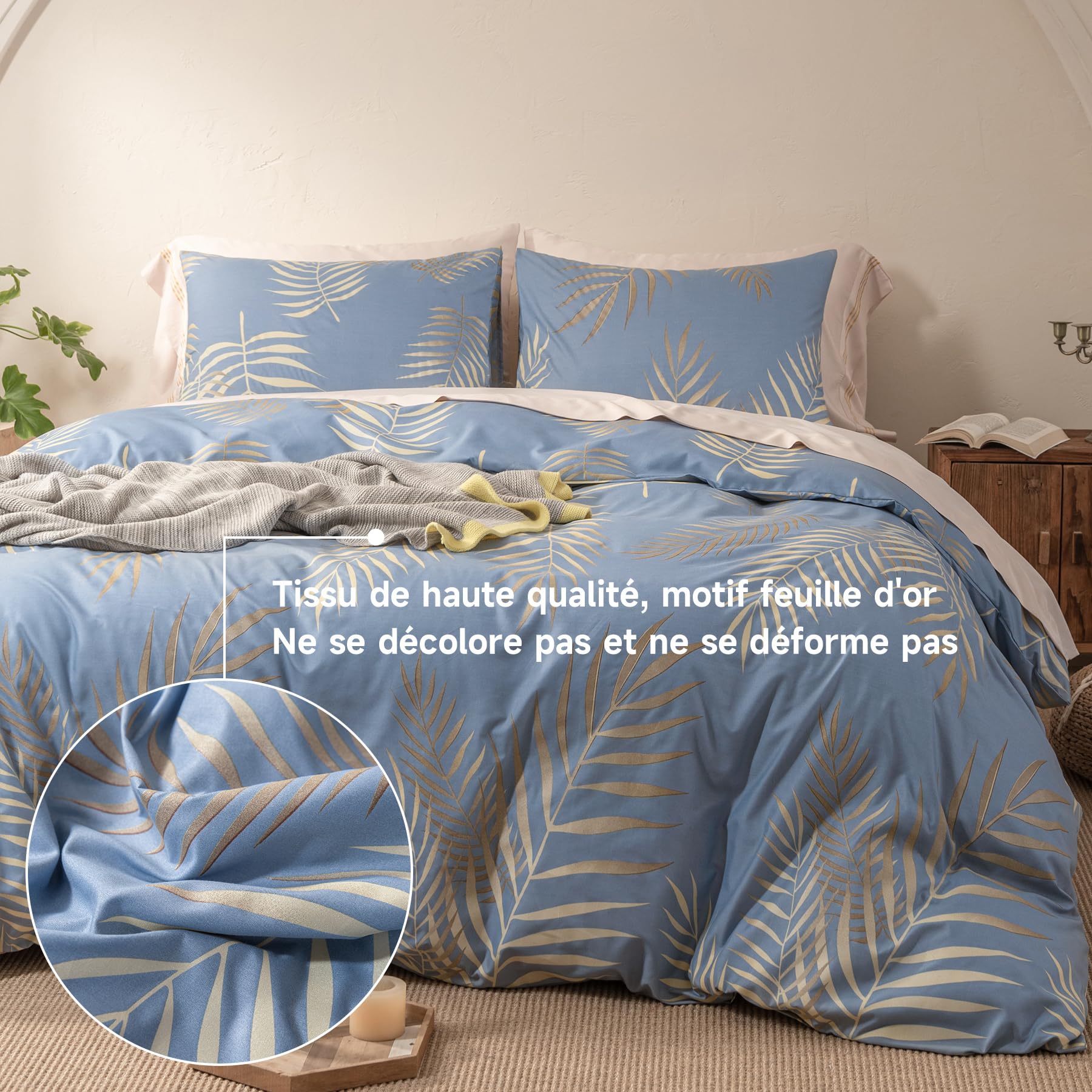 Gezu Housse de Couette Doré 240x260 Motif Feuilles de Palmier Tropicales Parure de Lit 240x260 Or et Bleu Botanique Linge de Lit 2 Personnes Adulte avec Fermeture Éclair et 2 Taies d'oreiller 65x65cm