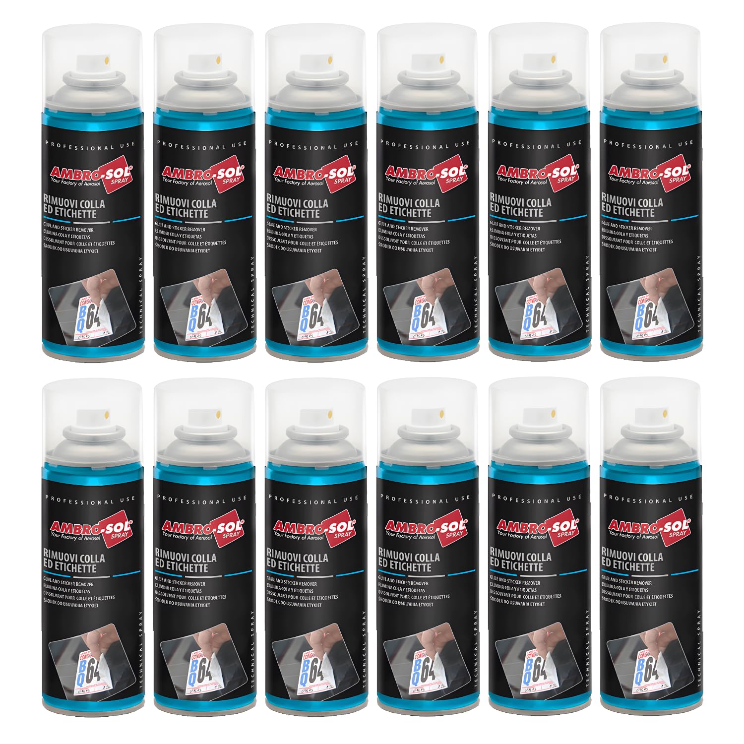 12 bombolette di Rimuovi Colla ed Etichette spray da 200ml, di colore bianco tenue, ideale per rimuovere adesivi etichette e colla senza lasciare residui - F