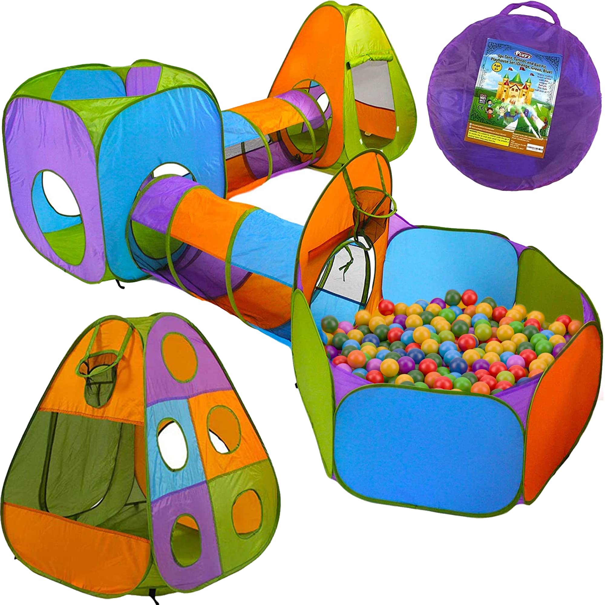 Playz 5Piece Kids Pop up Play Tent Crawl Tunnel and Ball Pit with