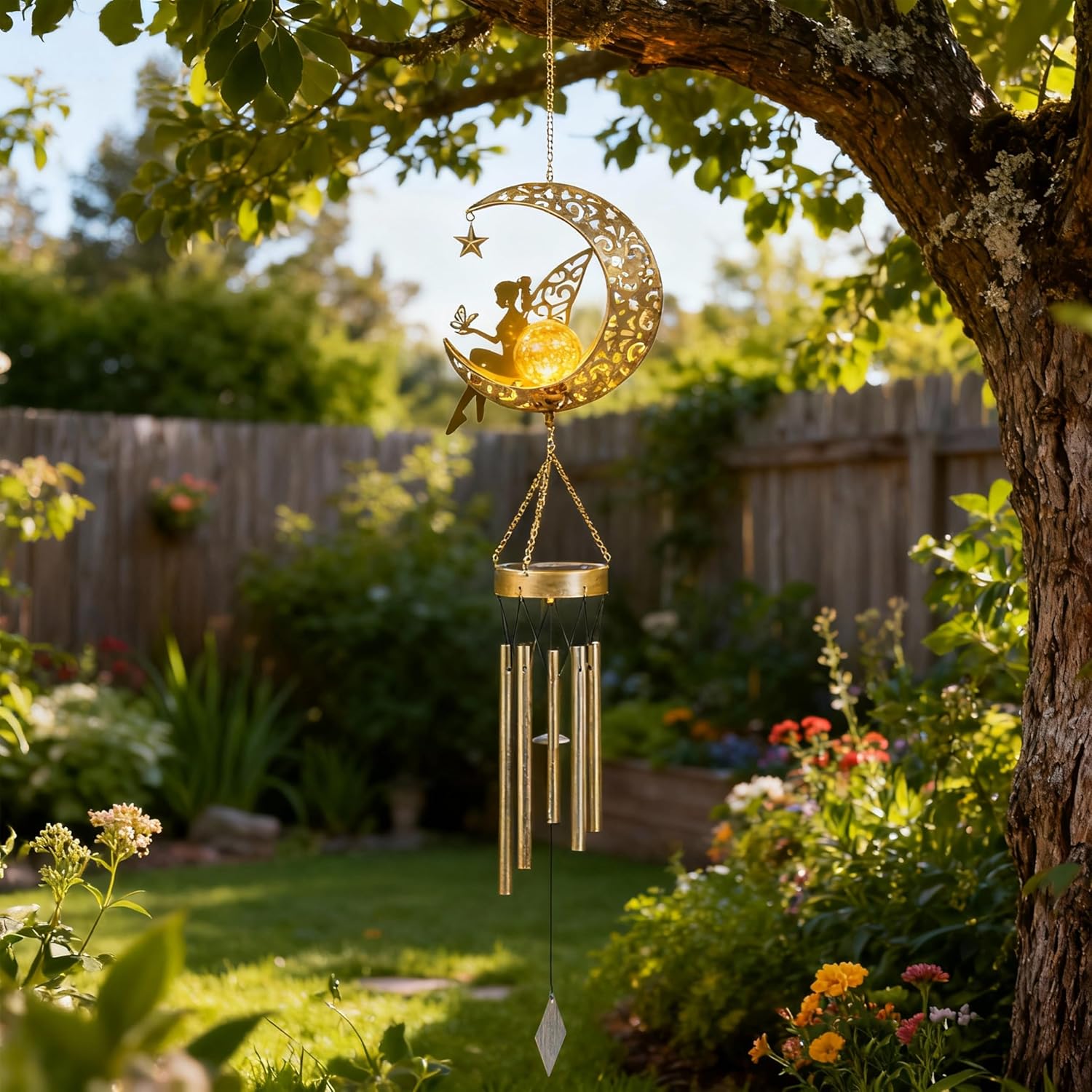 YAKii Fairy Moon Solar Wind Chimes for Outside Lights Gifts for Mom Wife Unique Crackle Glass LED Warm Light Outdoor Hanging Decor Windchimes for Garden Yard Patio Christmas Birthday Mothers Day