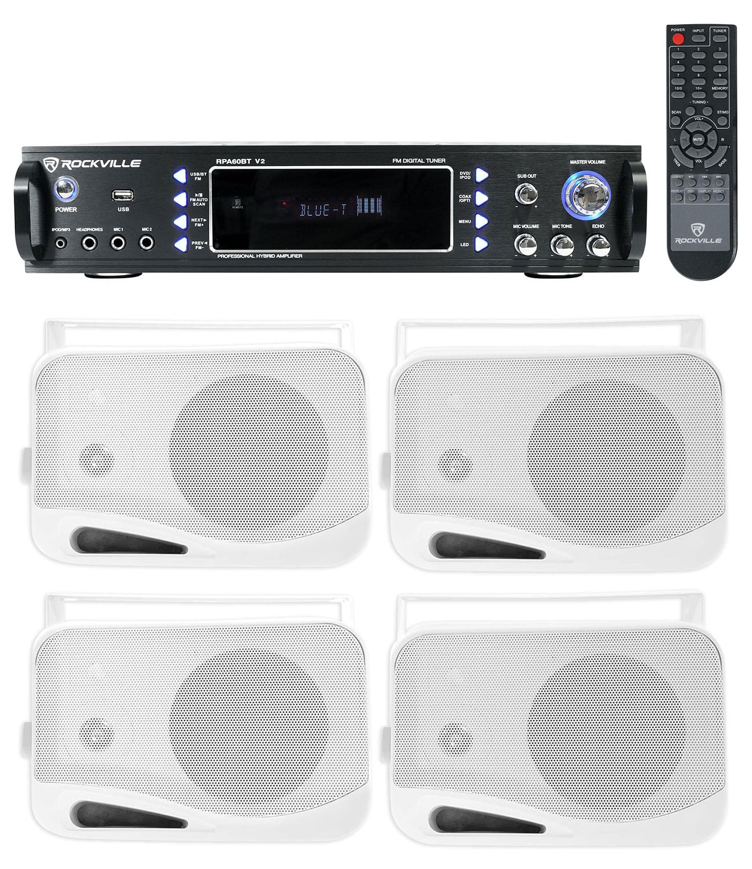 Rockville RPA60BT V2 Bundle: 1000W 2-Ch USB Bluetooth DJ/Pro/Karaoke Amplifier Mixer, (4) HP4S-8 4" 360W Peak / 120W RMS Outdoor/Indoor Home Theater