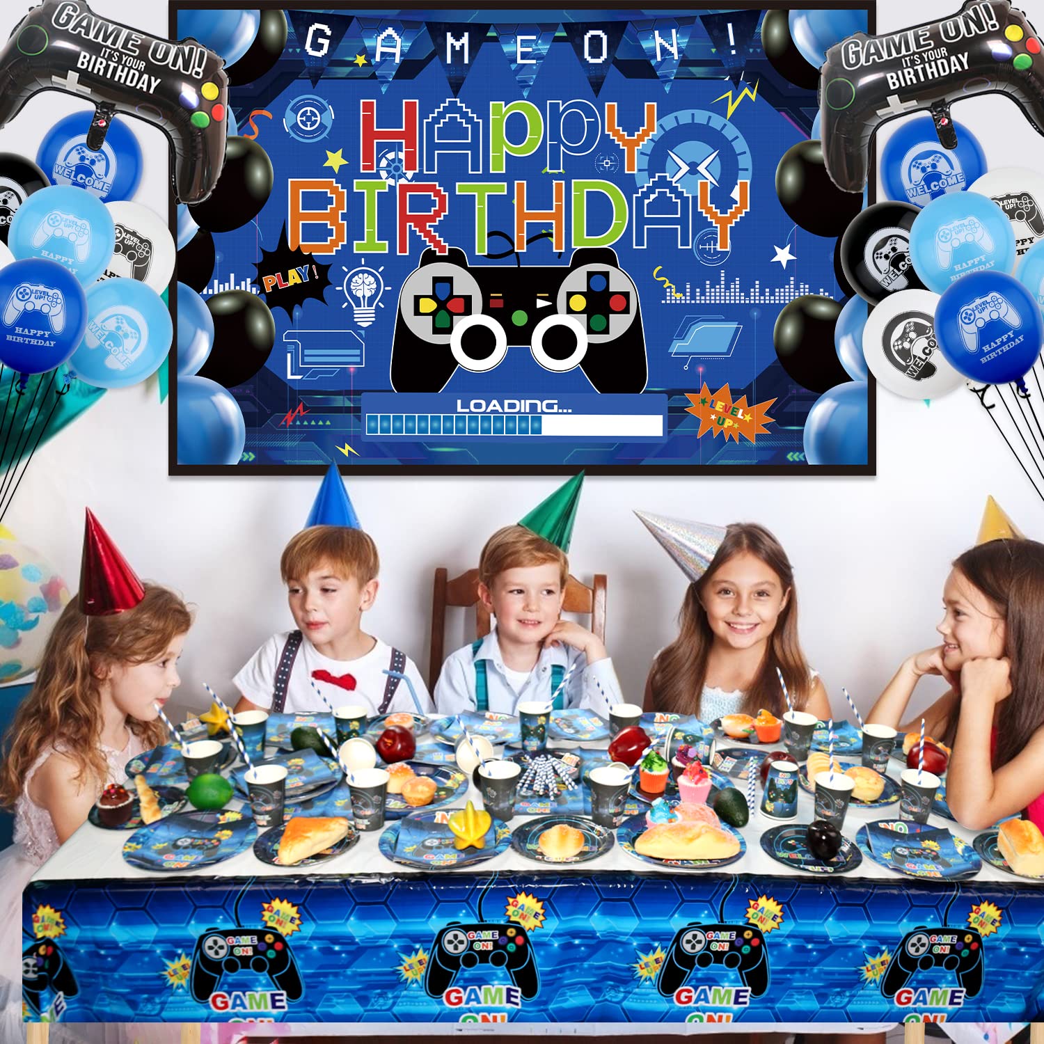 Forniture Per Feste Per Videogiochi Set, Inclusi Happy Birthday Fondale da Gioco, Piatti, Tazze, Palloncini ,Tovaglie,Cannucce, per Ragazzi Compleanno Favors Party Decorazione Per (Serves 20 )