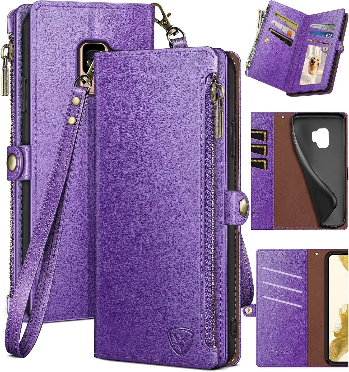 XcaseBar for Samsung Galaxy S9 Wallet case with Zipper Credit Card Holder【RFID Blocking】, Flip Folio Book PU Leather Phone case Shockproof Cover Women Men for Samsung S9 case Purple