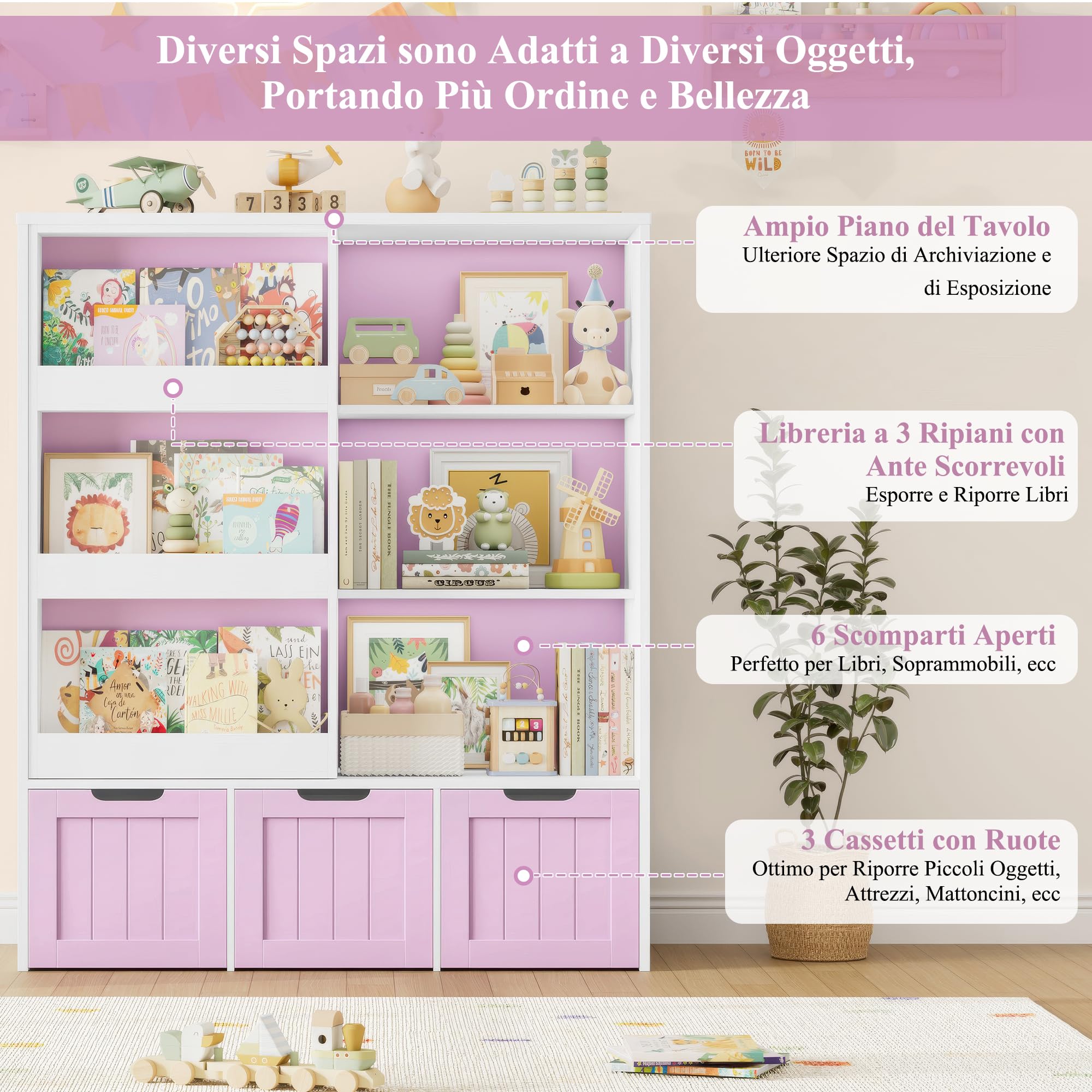 FOREHILL Libreria Montessoriana per Bambini con Porta Scorrevole Rosa
