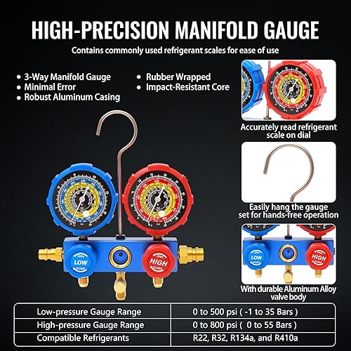 Miniatura 6 de Juego de bomba de vacío y medidor de CA de 4.5 CFM, para mini split, HVAC, sistemas automáticos, kit de manómetro compatible con R22, R32, R134a,