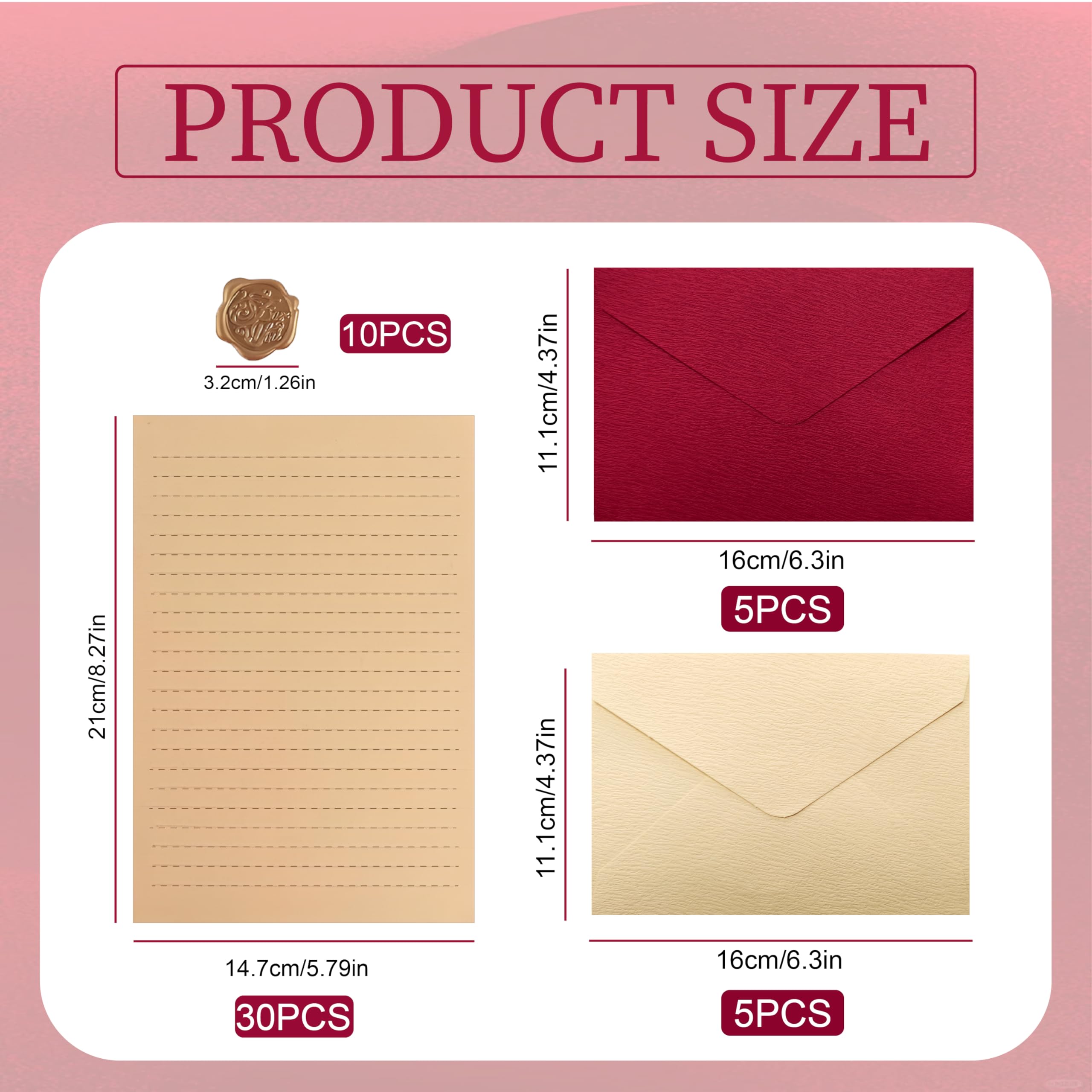 Ensemble Papier à Lettre Vintage, 5 Enveloppes Beiges, 5 Rouges, 30 Feuilles, 10 Autocollants Cire