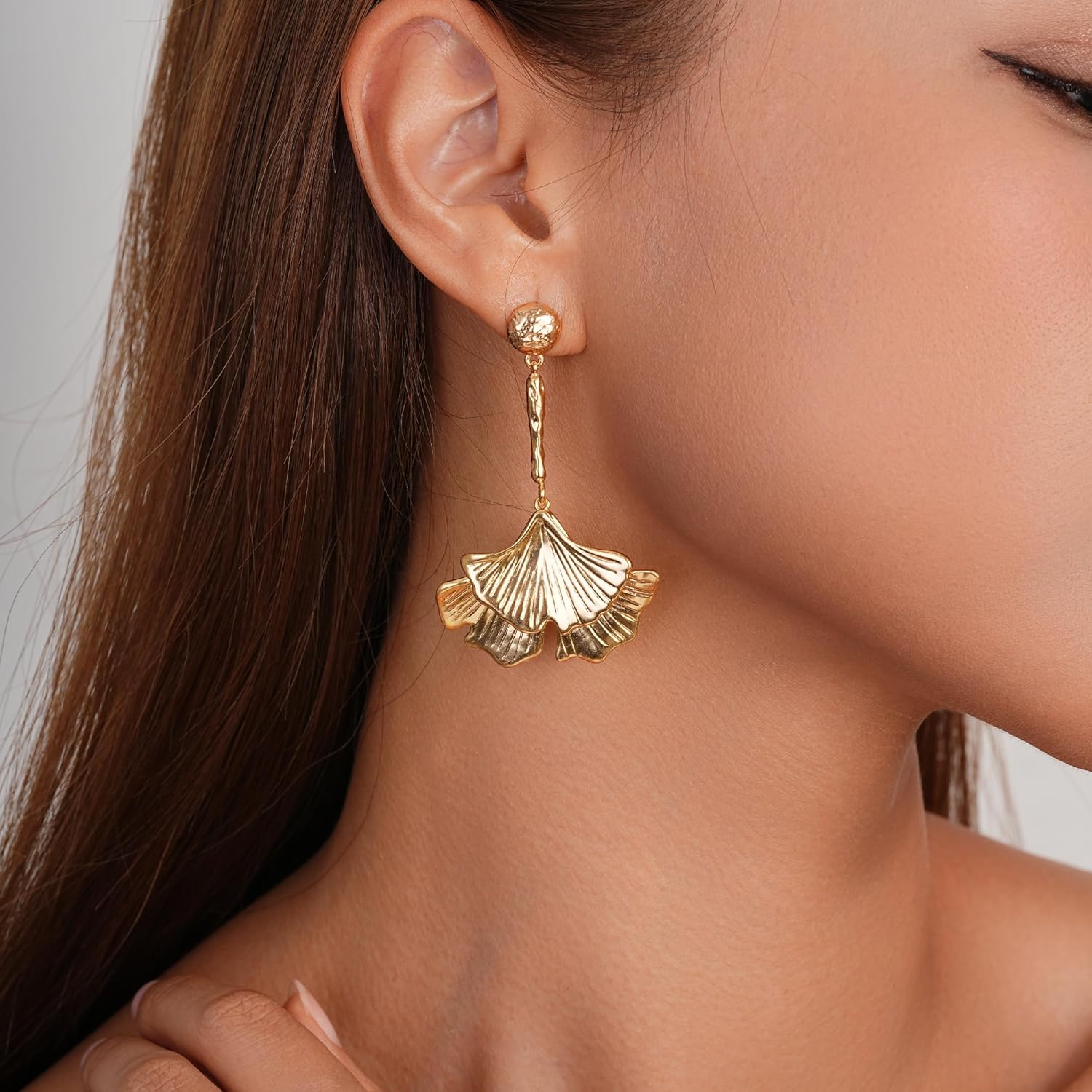 Sylph Large Gold Earrings for Women, Chunky Gold Statement Drop Dangle Earring Maple Leave Ginko Leaf Jewelry Gifts