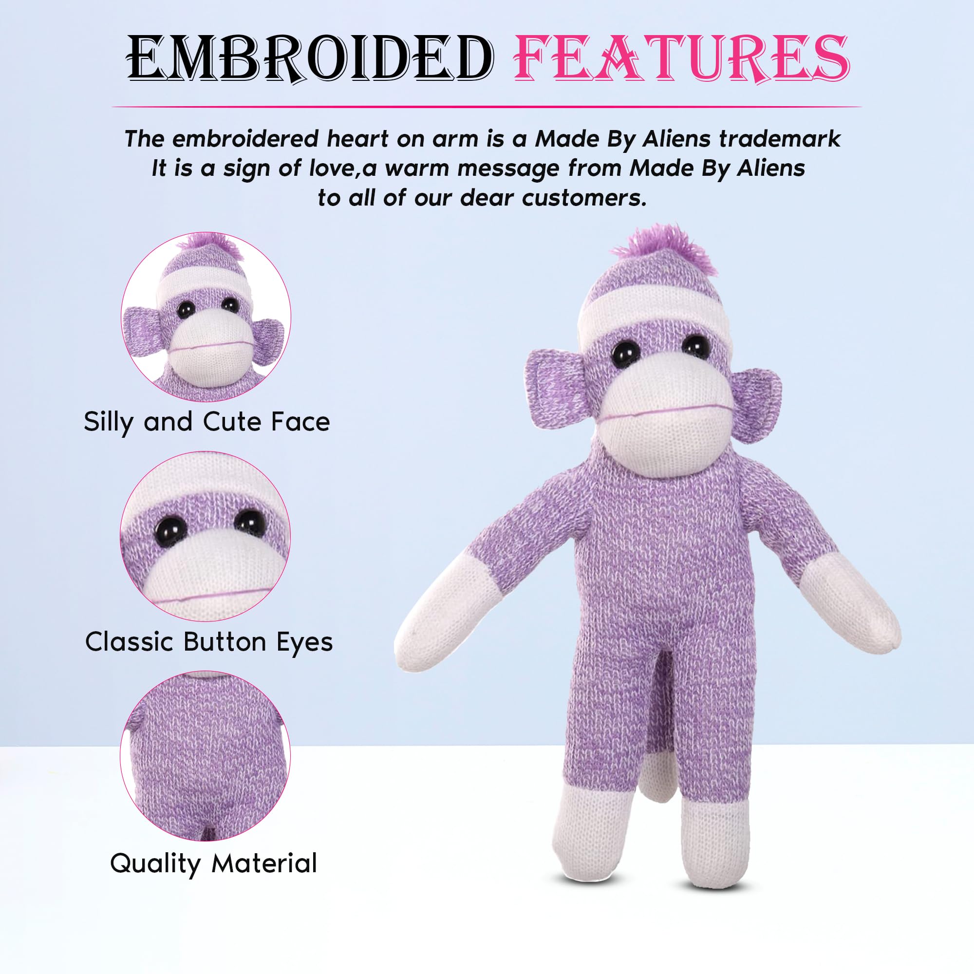 Made By Aliens Hand Knitted Sock Monkey Plush - 6 Inch Traditional Stuffed Animal Toy For Kids