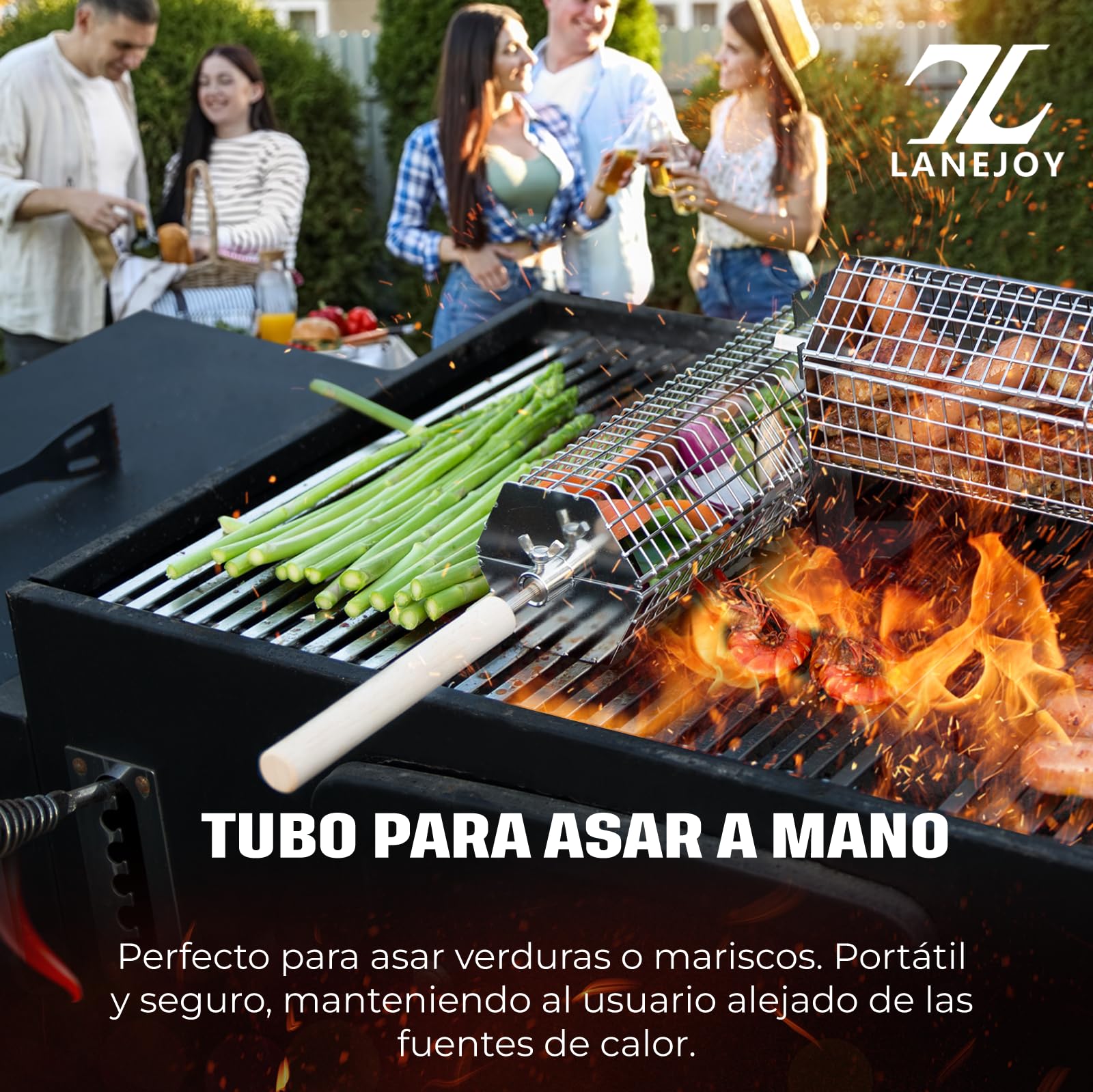 LANEJOY Lot De 2 Paniers Grill Hexagonaux Inox – Poignée Amovible, Pour Légumes, Crevettes, Viandes BBQ
