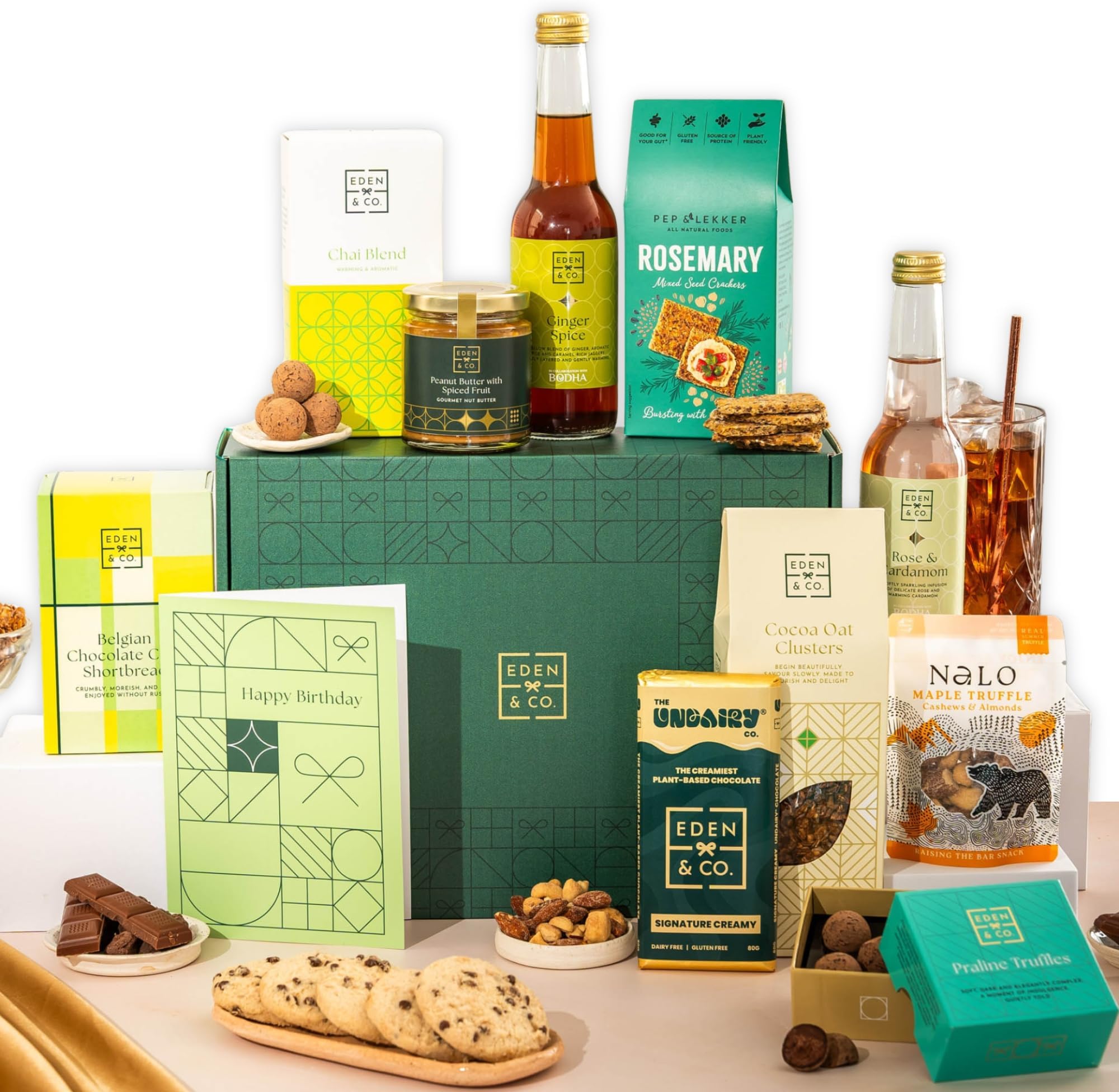 Happy Birthday Vegan Gift Hamper Basket, Luxury Gourmet Gifts for Women, Men, Couples, with Vegan Chocolate by EDEN & CO - Plus Non-Alcoholic Mocktail