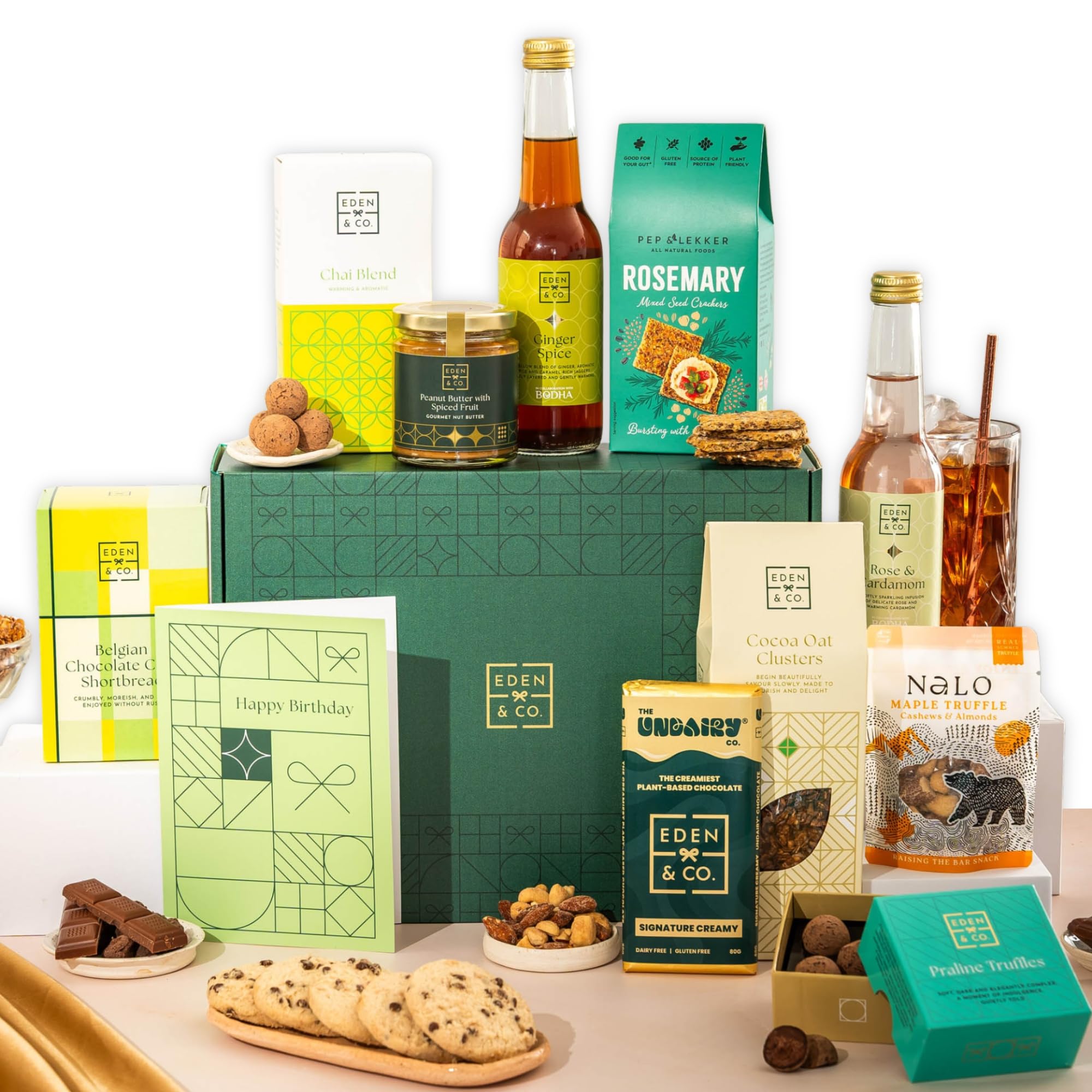 Happy Birthday Vegan Gift Hamper Basket, Luxury Gourmet Gifts for Women, Men, Couples, with Vegan Chocolate by EDEN & CO - Plus Non-Alcoholic Mocktail