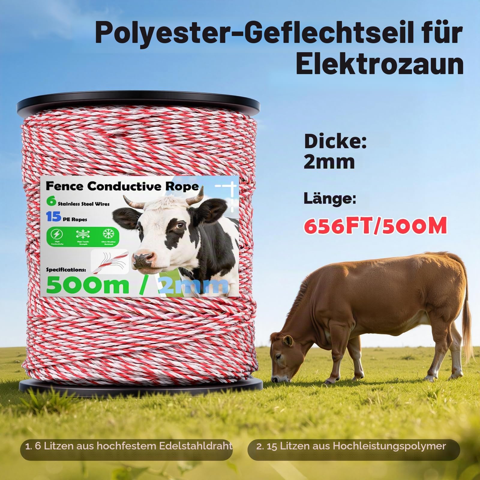 Weidezaunlitze 500m, 2mm 6 Stränge Edelstahl Litze Weidezaun Elektrozaun, Robuste Kordel, Hohe Leitfähigkeit Weidezaun Seil für Hunde, Pferde, Rinder, Schafe (Weiß-Rot)