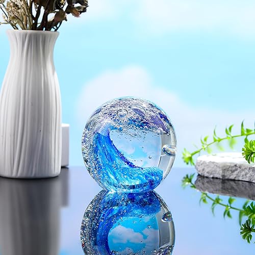Miniatura 2 de Qianwei Hand Blown Ocean Waves Crystal Ball - Glass Collectible Figurines Spere - Paperweight Glass Ball Aquarium DecorOffice Decor Ocean Lovers