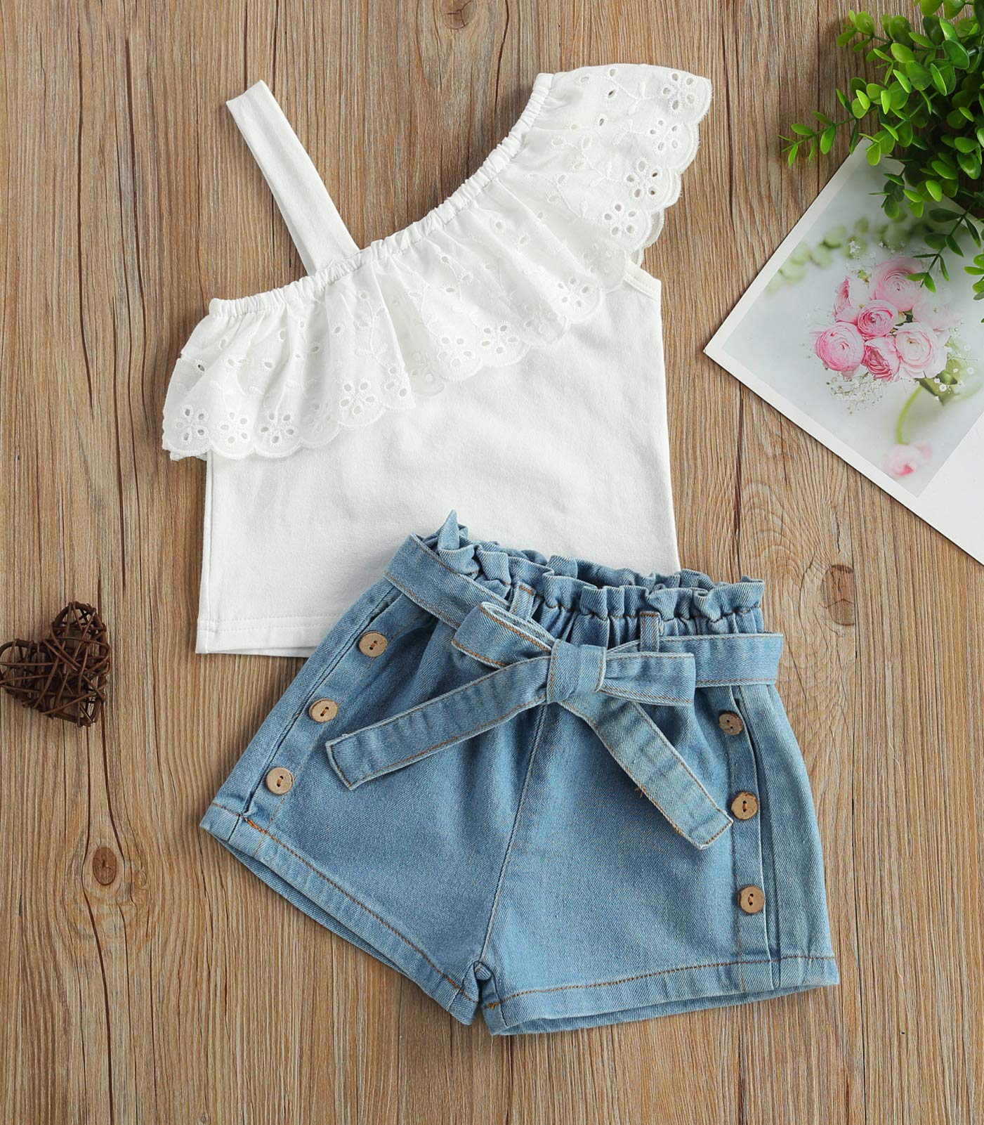 Summer Fashion Baby Girls Clothes Sets Blue Denim One Shoulder Short Sleeve T Shirts Shorts Trousers (White, 2-3 Years)