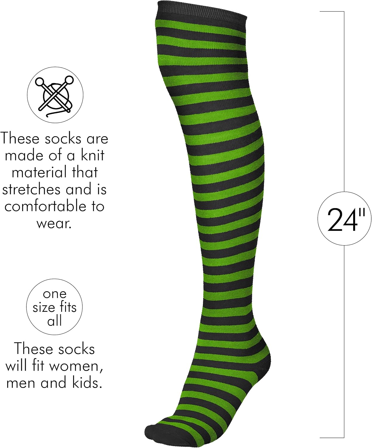 Skeleteen Black and Green Socks - Over the Knee Striped Thigh High Costume Accessories Stockings for Men, Women and Kids